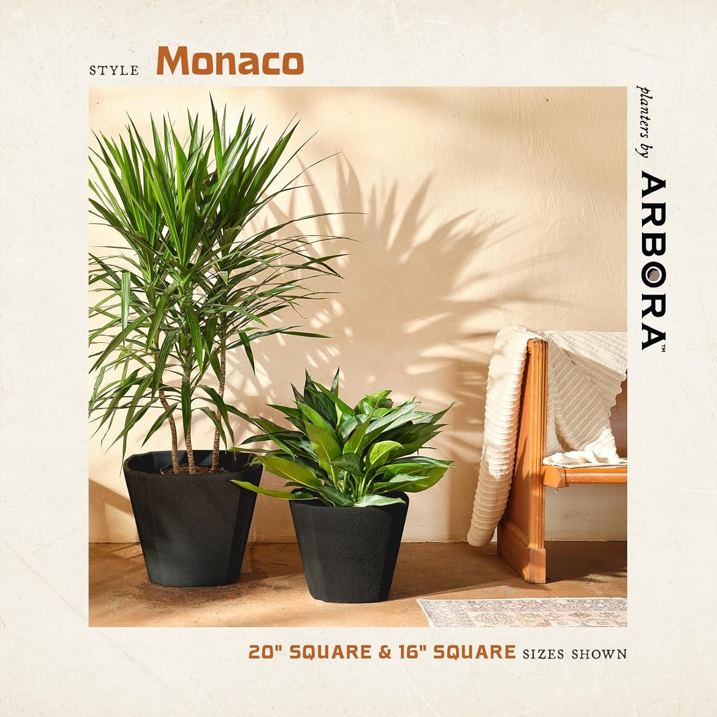ARBORA 20" Monaco Square Polyresin Indoor and Outdoor Planter with Classic Black Finish - Durable, Weatherproof, Lightweight, Large Plant Pot for Patio, Garden, Deck, Entryway