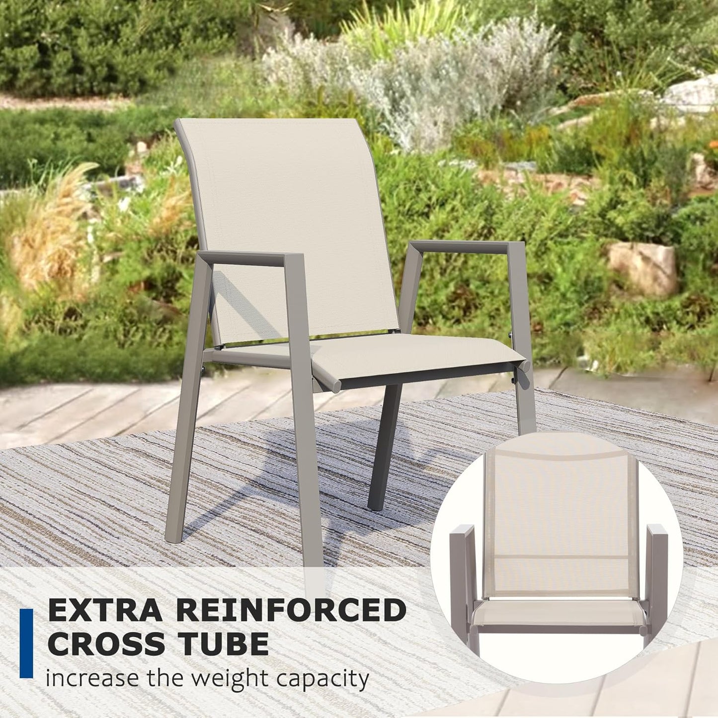 Outdoor Patio Chairs Set of 2, Ivory Beige Stackable Outdoor Chairs, Lightweight Patio Set with High Back, Metal Dining Chair for Lawn, Garden, Yard and Deck