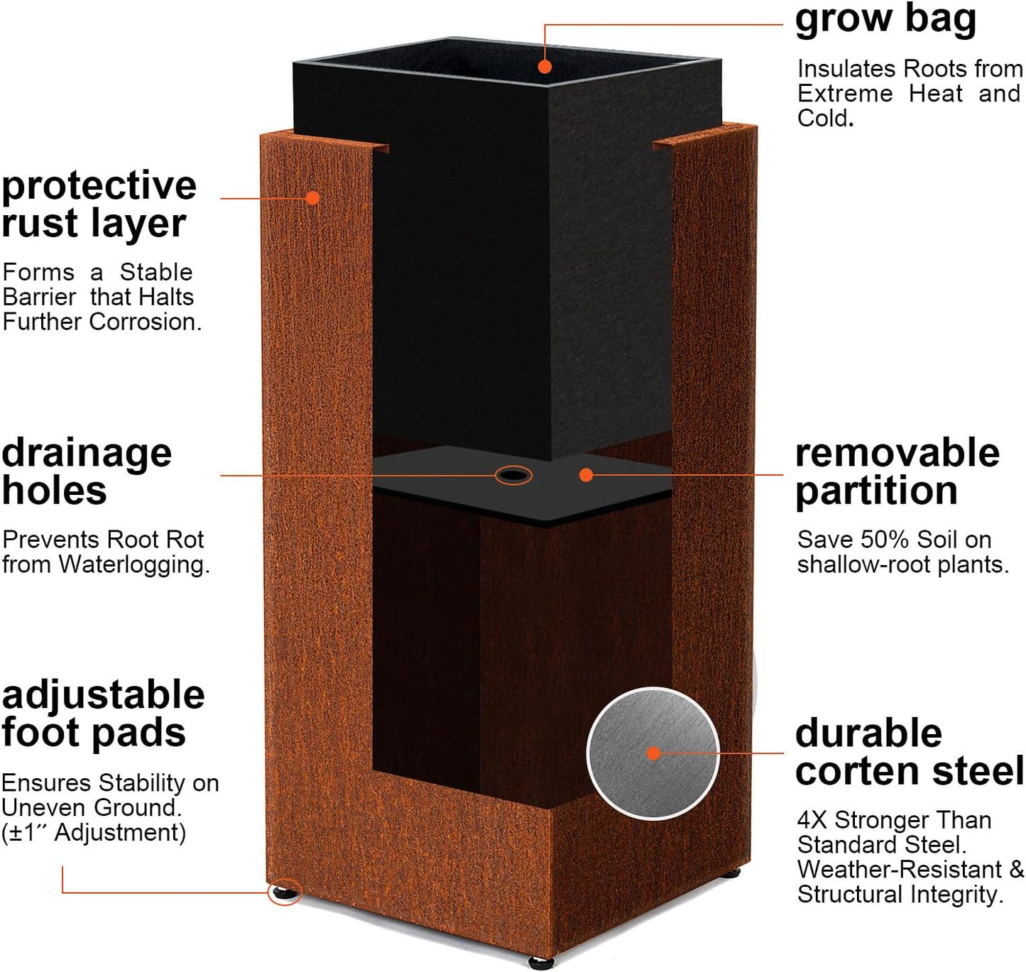 Tall Corten Steel Planter Box for Outdoor Porch/Patio, Pedestal Planter Metal Rusted Planters with Grow Bag, Naturally Rusting Steel Flower Pot,Rustic Décor for Patio,Garden,Deck,Backyard