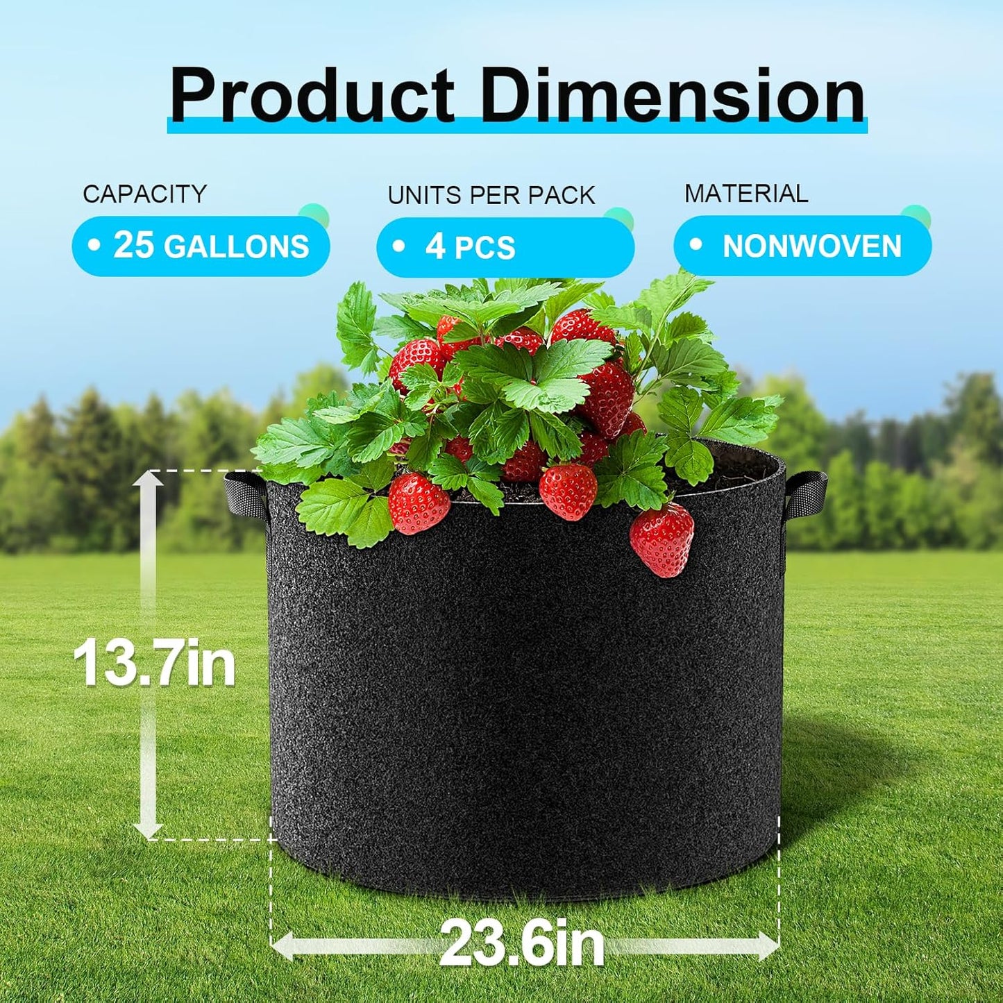 Land Guard 4-Pack Fabric Grow Bags 25 Gallon, Thickened Nonwoven Garden Pots, Growing Bags with Handles, Black