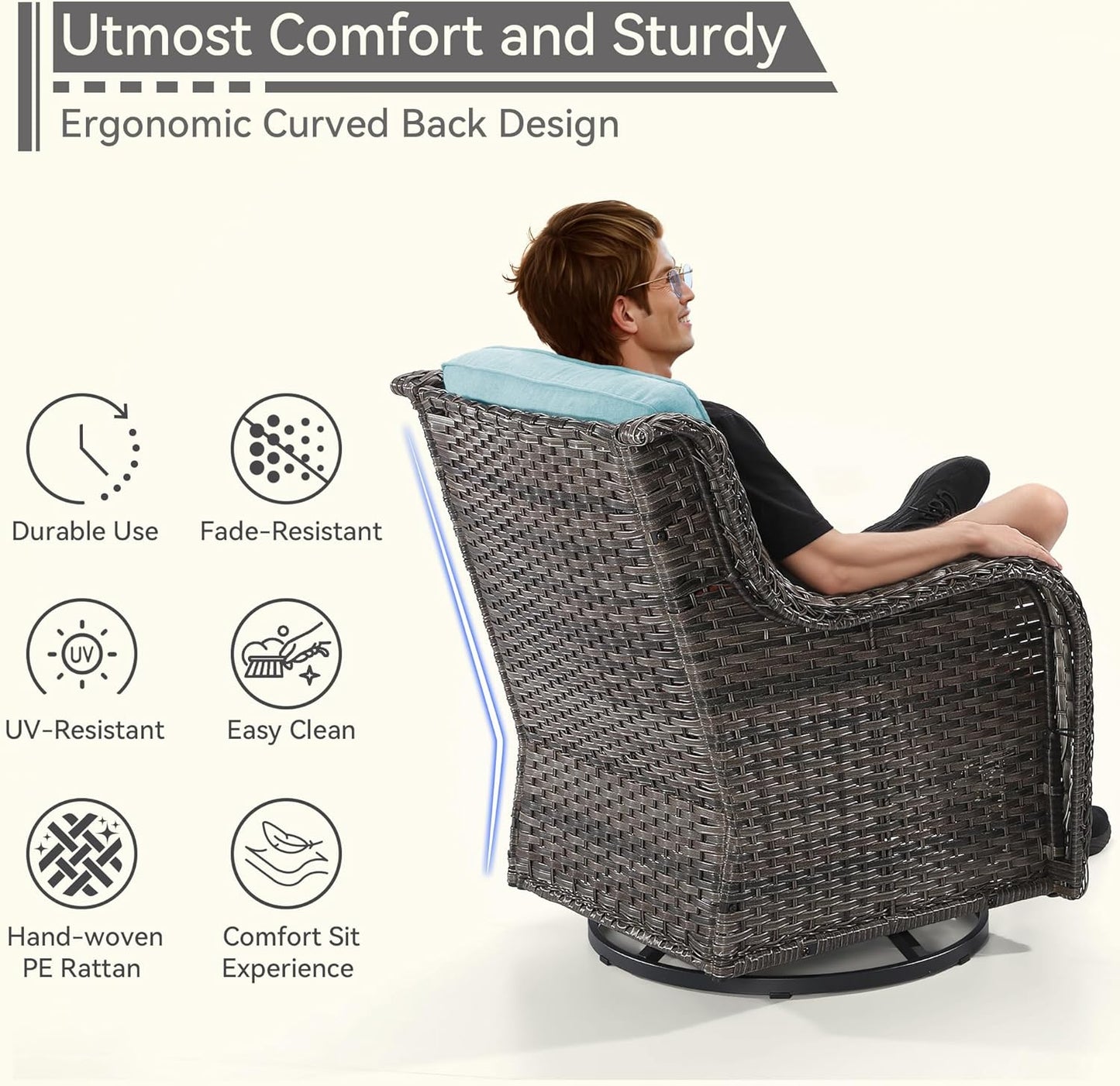 6 Pieces Outdoor Furniture Set - Patio Wicker Swivel Rocker Chair Set of 4 and 2 Side Table, Light Blue, Mixed Brown Rattan, Suitable for Porch, Yard