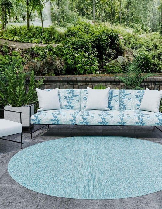 Unique Loom Collection Casual Transitional Solid Heathered Indoor/Outdoor Flatweave Area Rug (10' 8" Round, Aquamarine/Ivory)