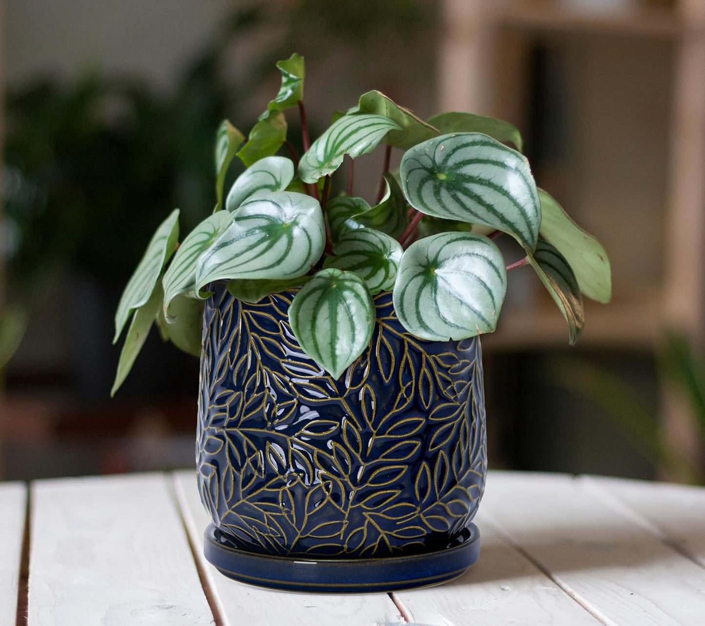 D'vine Dev 5 Inch Embossed Leaves Stoneware Planter Pot with Drainage Hole and Saucer, Midnight Blue, Set of 2, 27-F-V-3