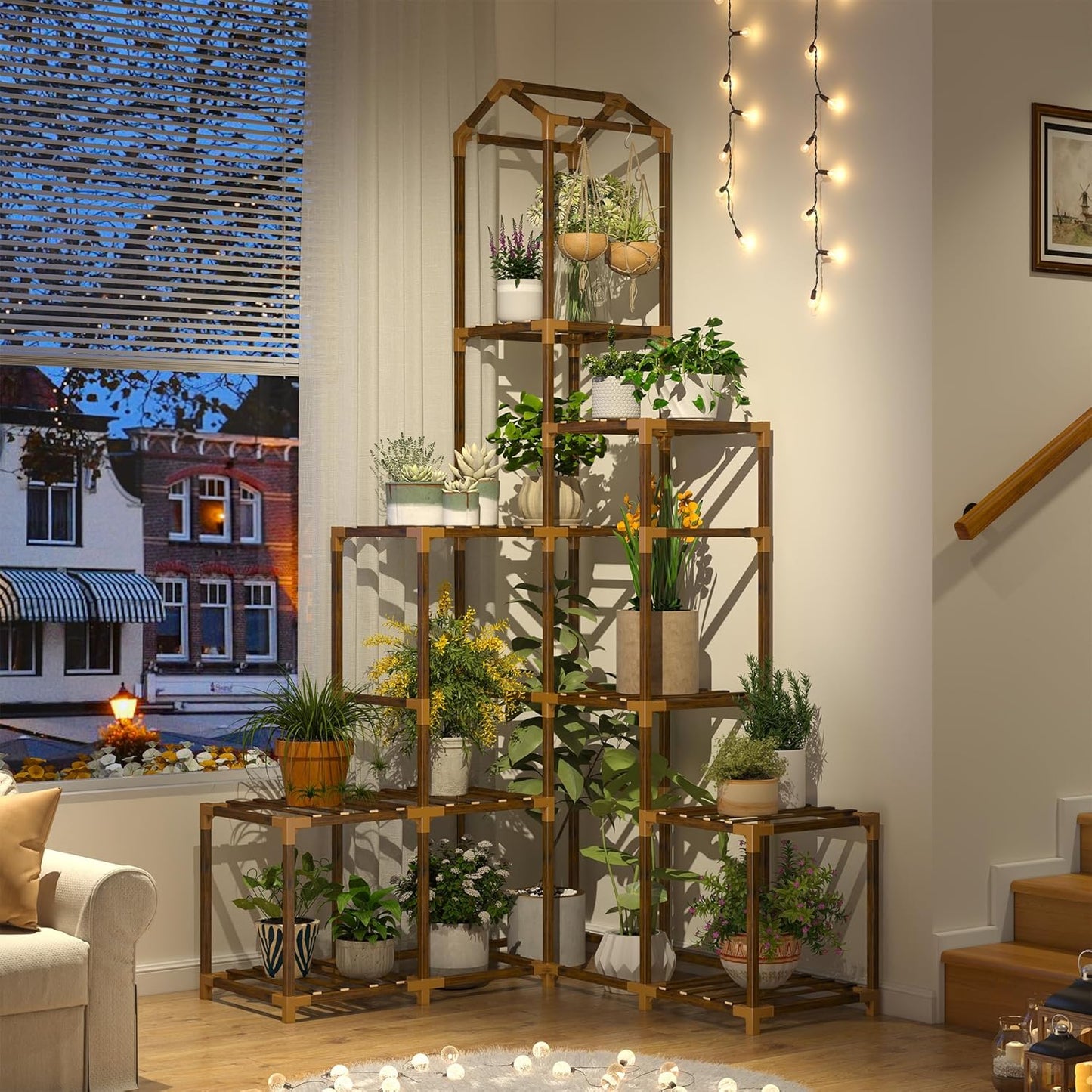 EnHomee 64.2" H Plant Stand Indoor Outdoor Tall Plant Shelf for 13-19 Pots Corner Tiered Plant Stands for Multiple Plants Wood Hanging Plants Holder for Garden Balcony Patio Window Porch