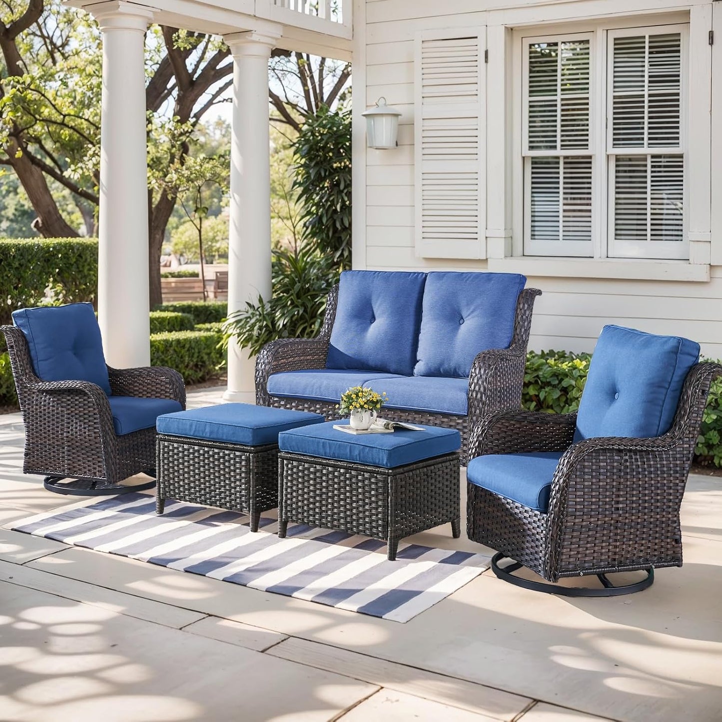 Outdoor Wicker Patio Furniture Set - 5 Piece Rattan Patio Conversation Set with 2 Rocking Swivel Chairs,2 Ottomans and 1 Loveseat for Porch Deck Backyard Garden(Brown/Blue)