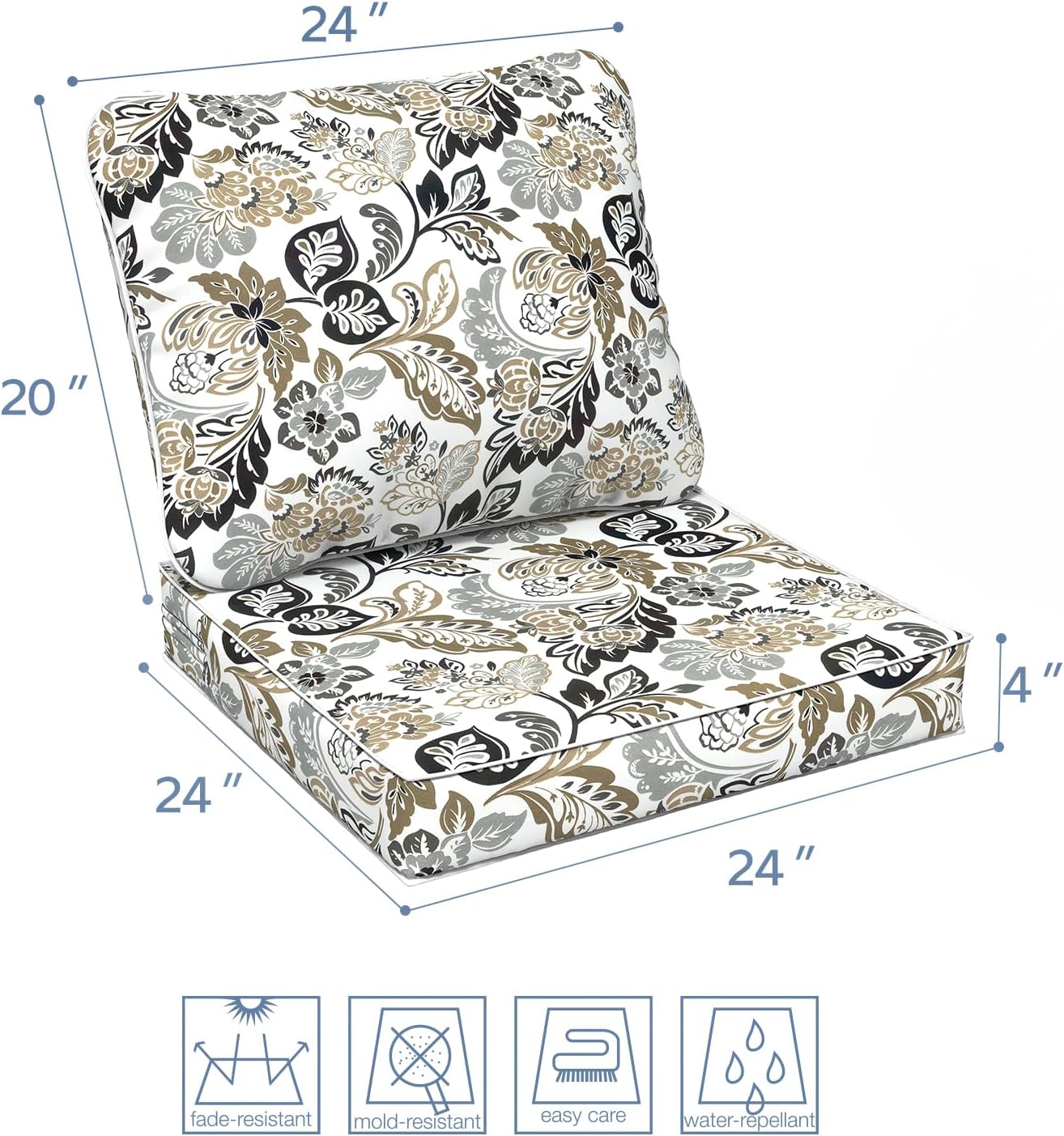 LVTXIII Outdoor Deep Seat Cushion Patio Seat and Back Cushion Set Seasonal Chair Cushion with Removable Cover and Adjustable Buckle for Home and Garden, 24"x24"x4", Dailey Tan