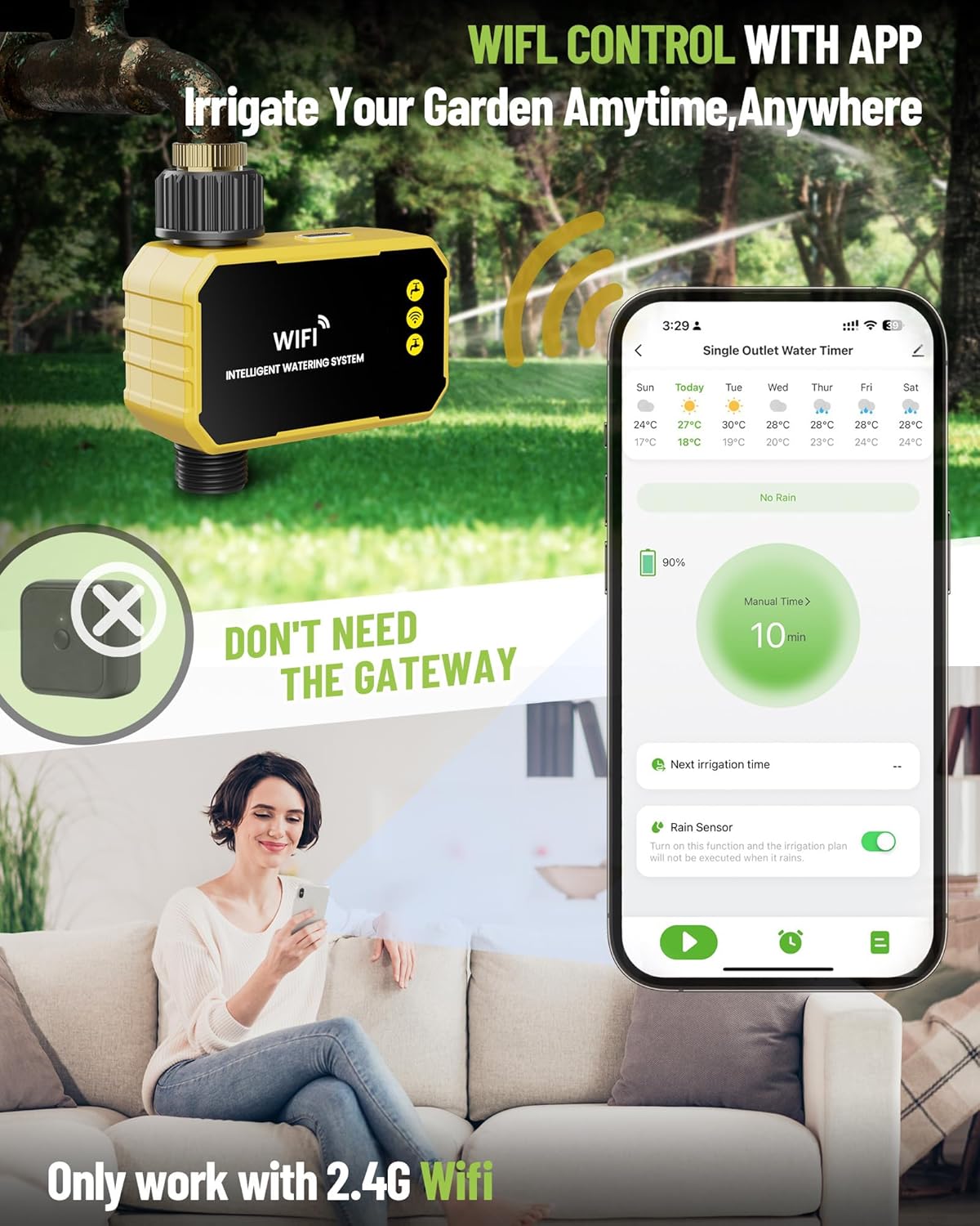 WiFi Water Timer with Brass Inlet, 1 Zone Smart Hose, Sprinkler Timer for Garden Faucet, APP Remote Control Via 2.4Ghz WiFi