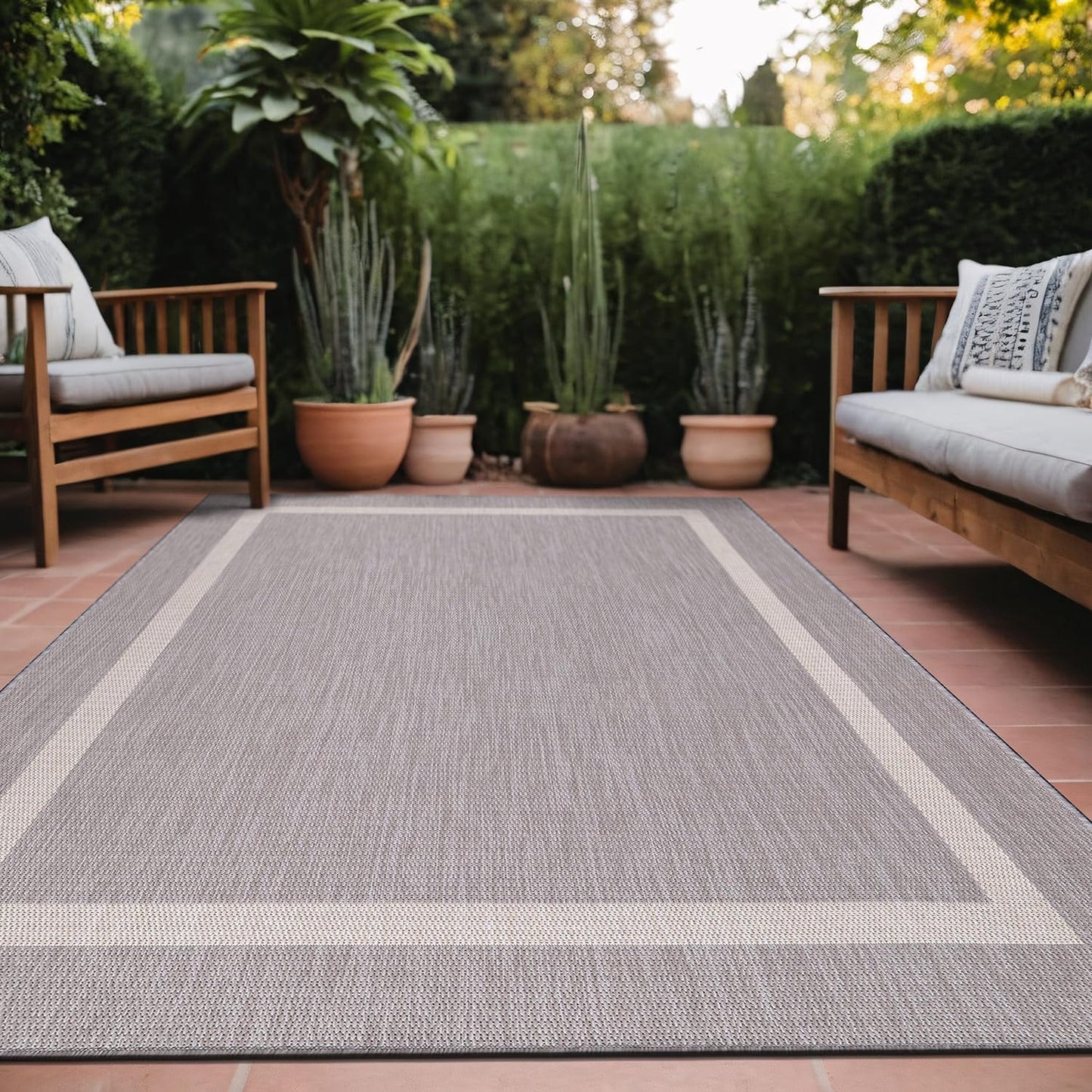 Bordered Outdoor Rug 9x12 Washable Outside Carpet for Indoor Patio Porch Waterproof Easy Cleaning Non Shedding Area Rugs Gray 9 x 12