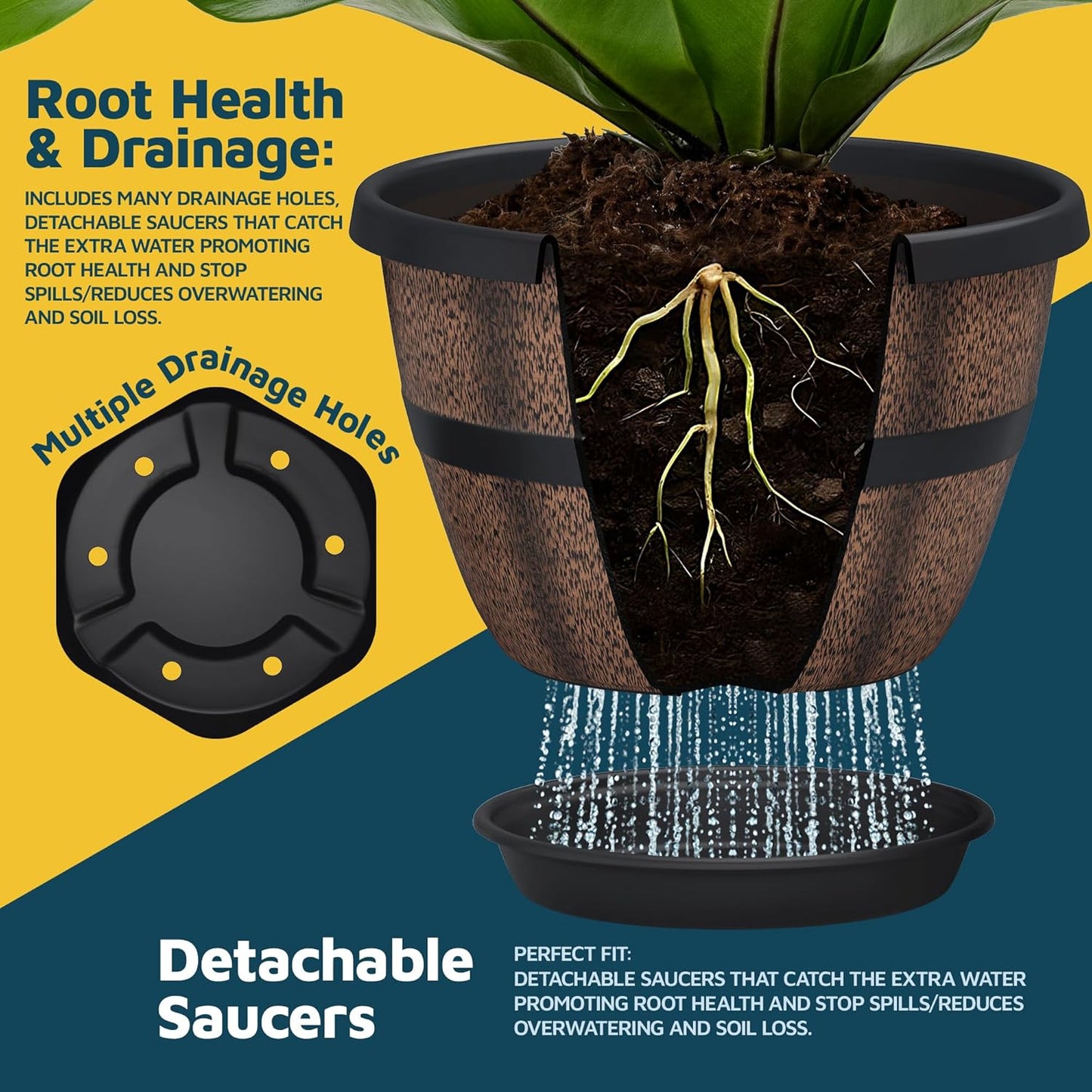 10-Inch Whiskey Barrel Planters Outdoor Pack of 4, Plastic Decoration Plant Pots for Indoor & Outdoor Use with Drainage & Saucer, Rustic Garden Planters for Flowers, Small Plants & Herbs