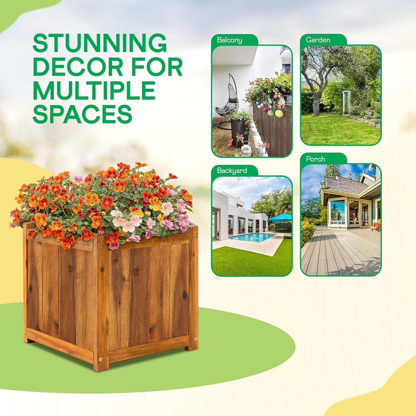 IDZO Acacia Wood Flower Planter Box for Outdoor Plants, 1pc Wooden Raised Garden Bed with Handles, Drainage Holes, Ideal for Garden and Home Décor, Light Cherry