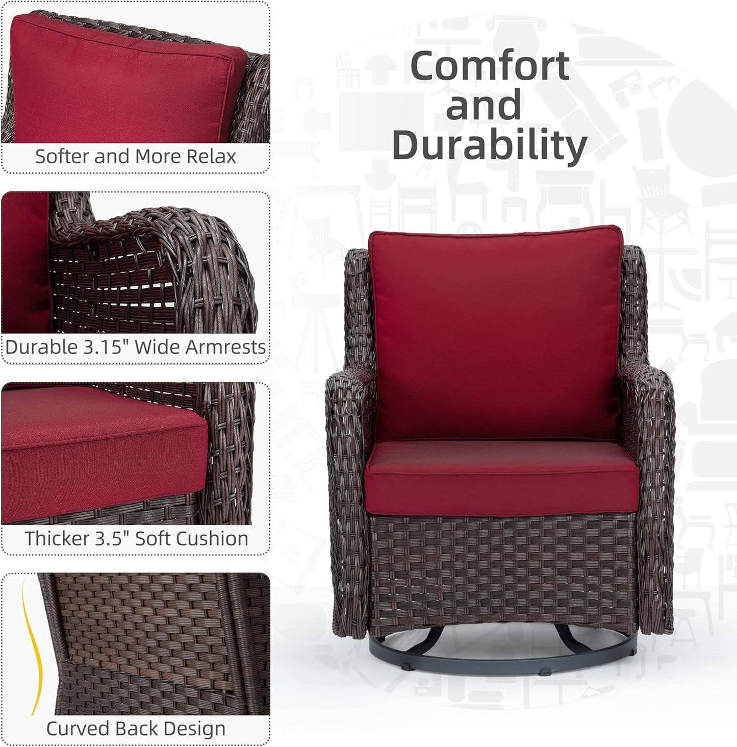 Towallmark Outdoor Swivel Wicker Glider Patio Chairs with Table Set, 3 Pieces Outdoor Bistro Set with 4”Thick Cushions and Coffee Table for Porch, Balcony, Deck (Red)