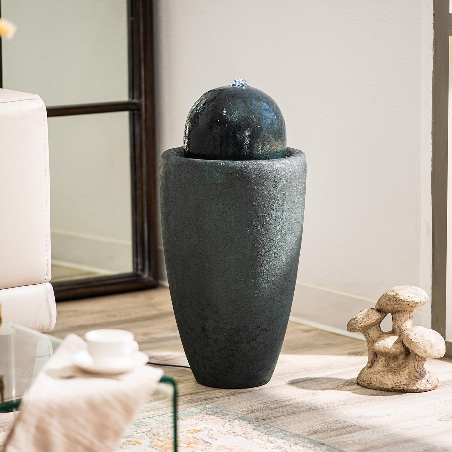 XBrand 25.98" H Round Stone Indoor/Outdoor Modern Stone Textured Sphere Water Fountain w/LED Lights Dark Green