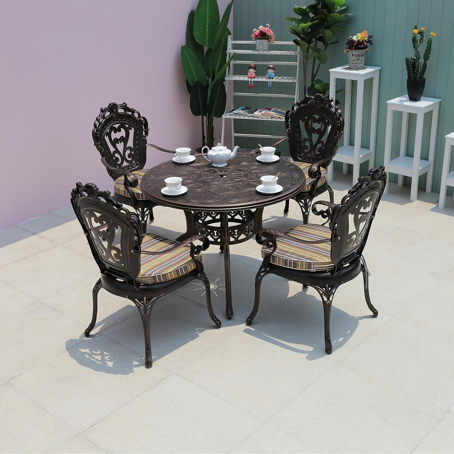 Outdoor Table Cast Aluminum Round Patio Table with Umbrella Hole All Weather Outdoor Dining Table for Lawn Garden Backyard (100cm Palm Round Table)