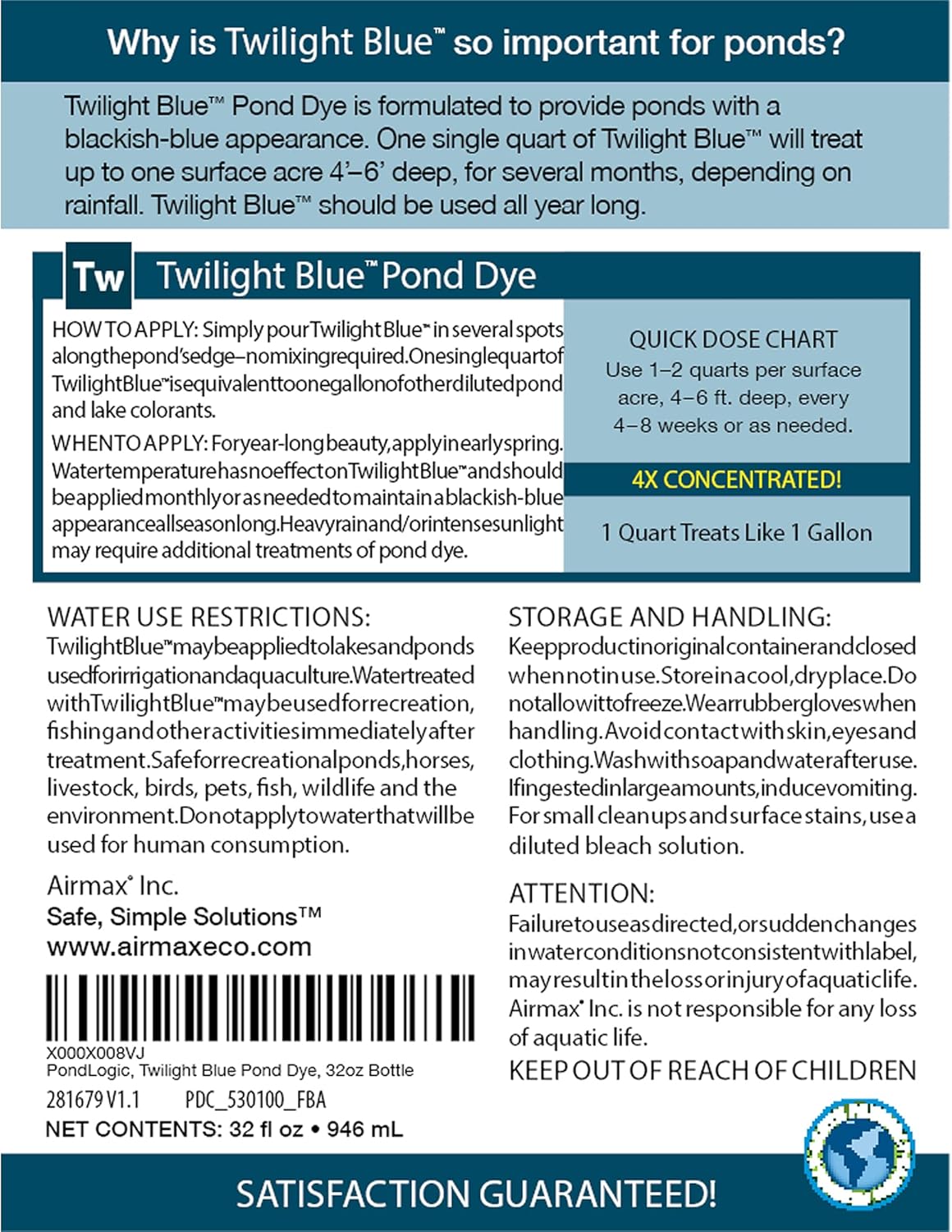 Airmax Twilight Blue Pond Dye 4X Concentrate for Outdoor Ponds & Lakes, Natural Pond Colorant & Beauty Enhancer, Block Ultraviolet Rays, Fish, Bird & Livestock Safe, Easy Liquid Application,1 Quart
