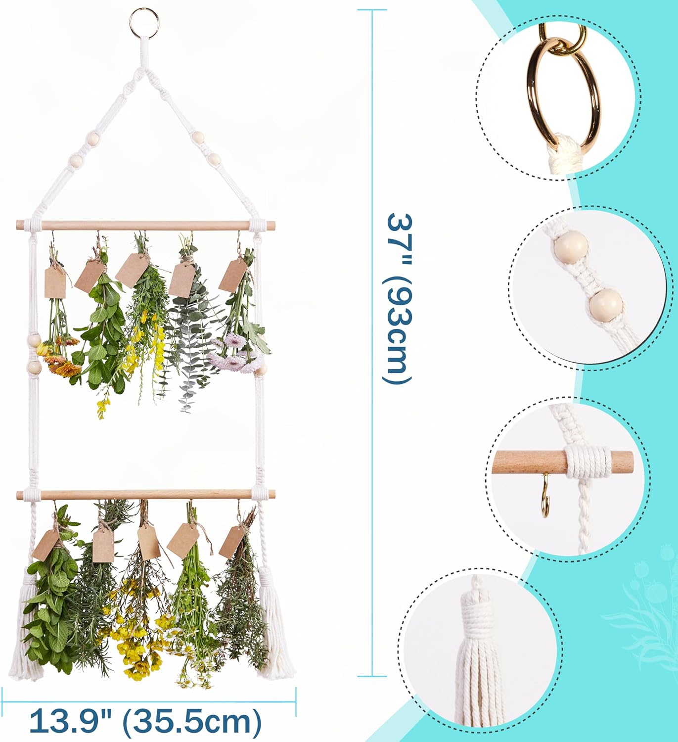2Tier Herb Drying Rack Flower Drying with 25PCS Brown Gift Tags and 32ft Natural Jute Twine herb Dryer,Herb Drying Rack,Hanging Herb Dryer Rack, Ivory
