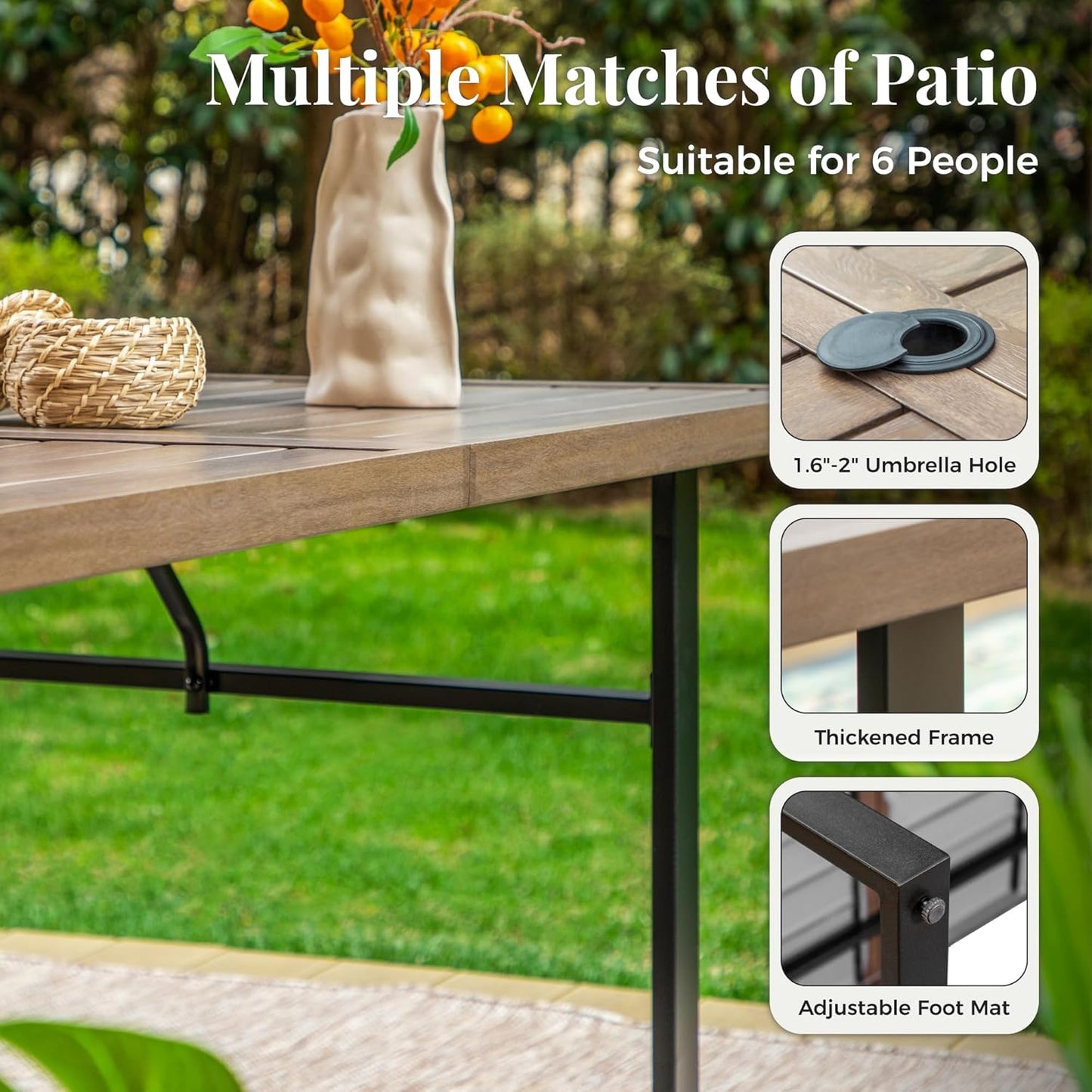 Outdoor Patio Dining Table for 6, Teak Rectangle Patio Table with Umbrella Hole, E-Coating and Powder Coating Steel Frame Metal Table for Garden Backyard Lawn Yard