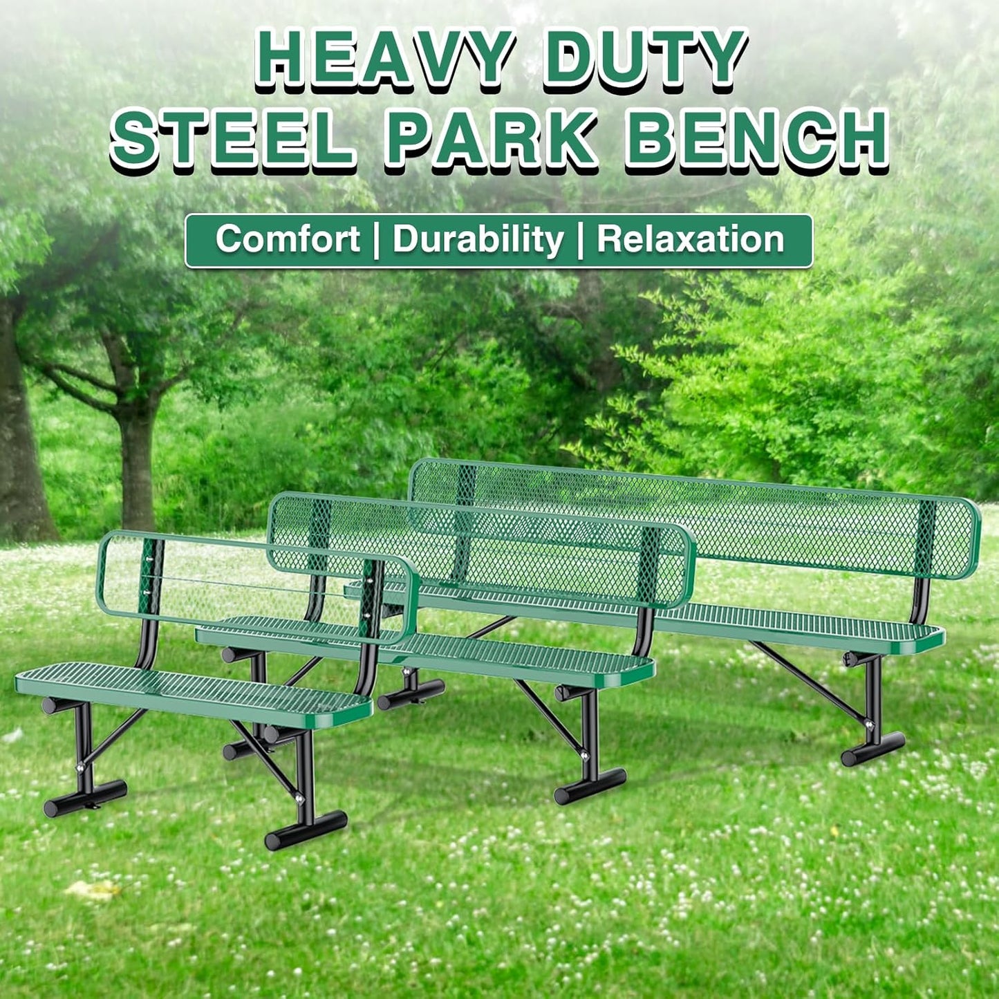 Thermoplastic Coated Iron Park Bench for Outside, Heavy Duty Metal Garden Bench, Expanded Commercial Grade Seating for Shopping Malls, Lawn Yard Porch Entryway (Green with Backrest, 72IN)