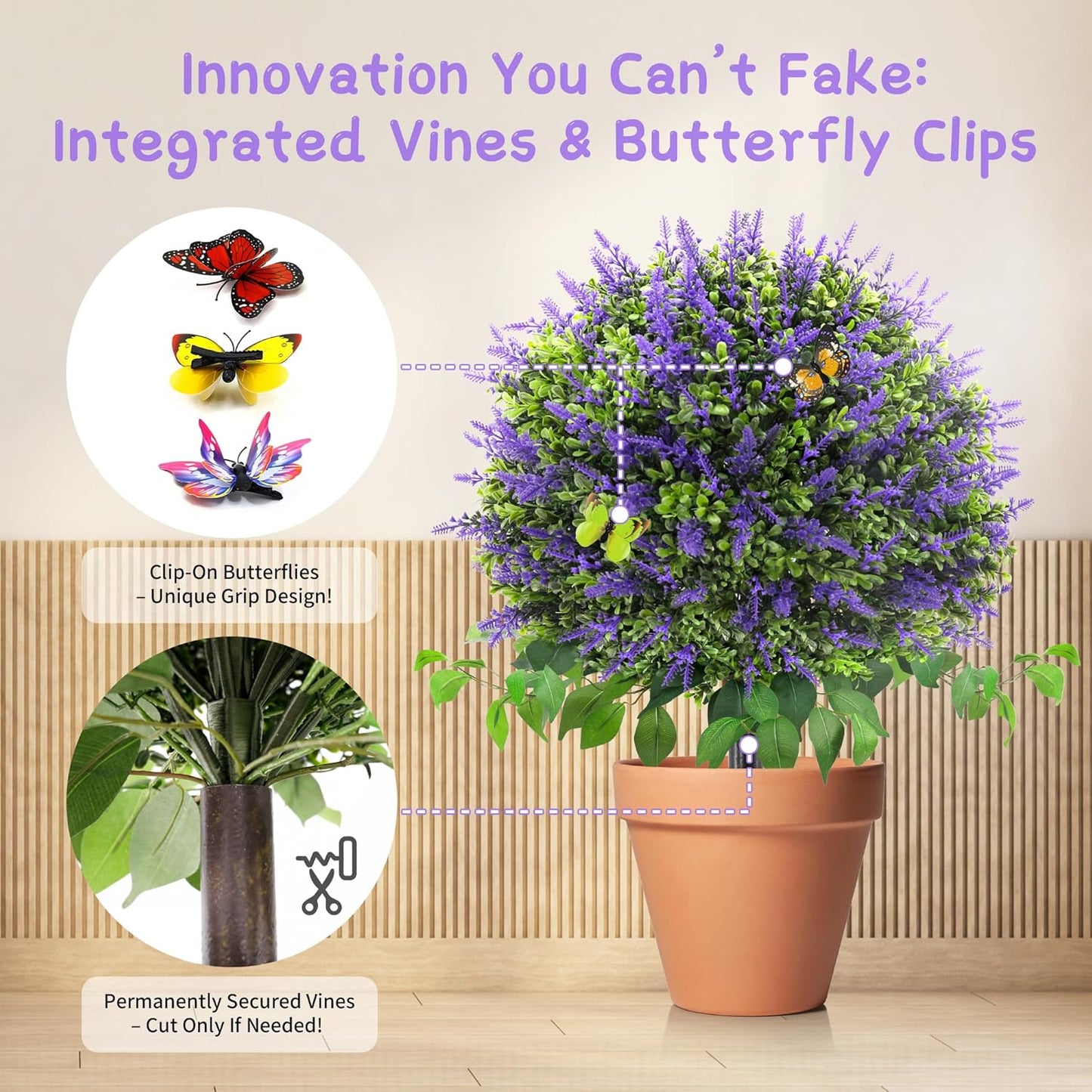 28" Artificial Boxwood Topiary Ball with Lavender, UV Resistant Topiary Tree Faux Boxwood Ball Shaped Porch Bushes with Ground Spike Artificial Bushes for Outdoors Front Door Decor Home Garden