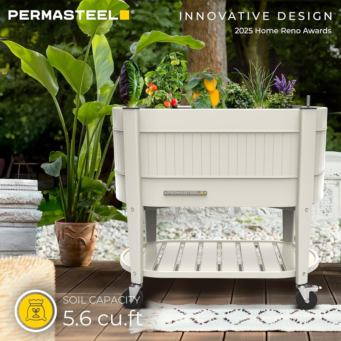 Permasteel Raised Garden Bed with Legs, 40×20×37 in, Planter Box with EnGrow™ TrueSoil™ Technology for Vegetables, Flowers, Herbs, and Fruit, Outdoor Indoor, Storage Shelf, Ivory
