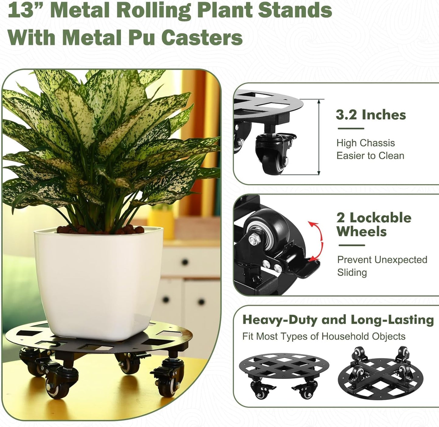 2 Packs 13 inches Large Metal Plant Caddy with Wheels Heavy-Duty Round Plant Stands with Casters Indoor Outdoor Flower Pot Mover Roller Base Garden Dolly Coasters Black, Strong Load Capacity