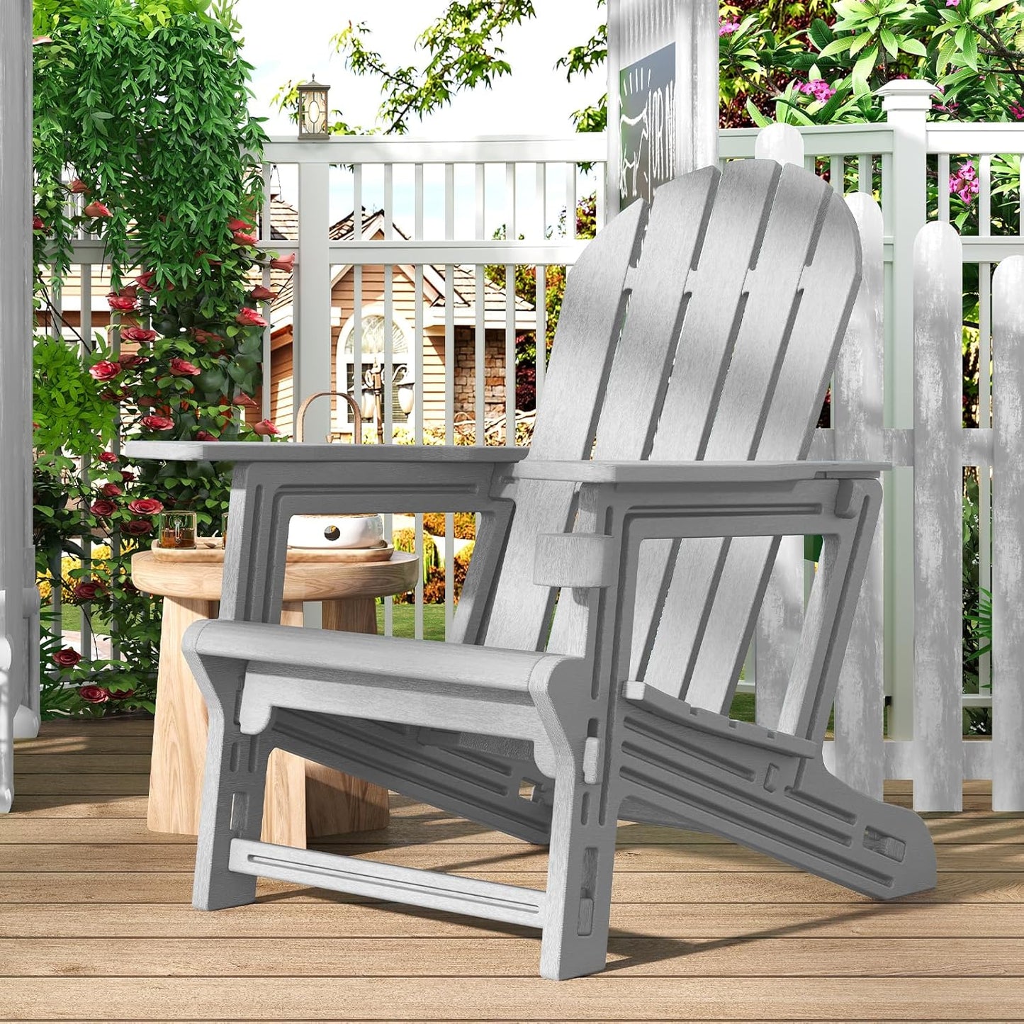 Adirondack Chairs Set of 4, Tool-Free Assembly All-Weather Plastic Adirondack Chairs, HDPE Fire Pit Chairs with Cup Holder, Outdoor Chair for Patio Garden (Grey)