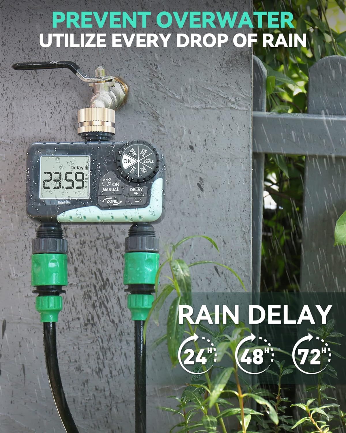 RAINPOINT 2 Zone Sprinkler Timer with Brass Swivel - 2pcs Water Timer for Garden Hose with Rain Delay/Manual Watering/Automatic Irrigation System - Programmable Faucet Timer for Yard Lawn