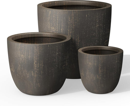 Kante 18",14",10" Dia Concrete Round Planters (Set of 3), Outdoor Indoor Large Planter Pots with Drainage Hole and Rubber Plug for Home Patio Garden, Oil Rubbed Bronze