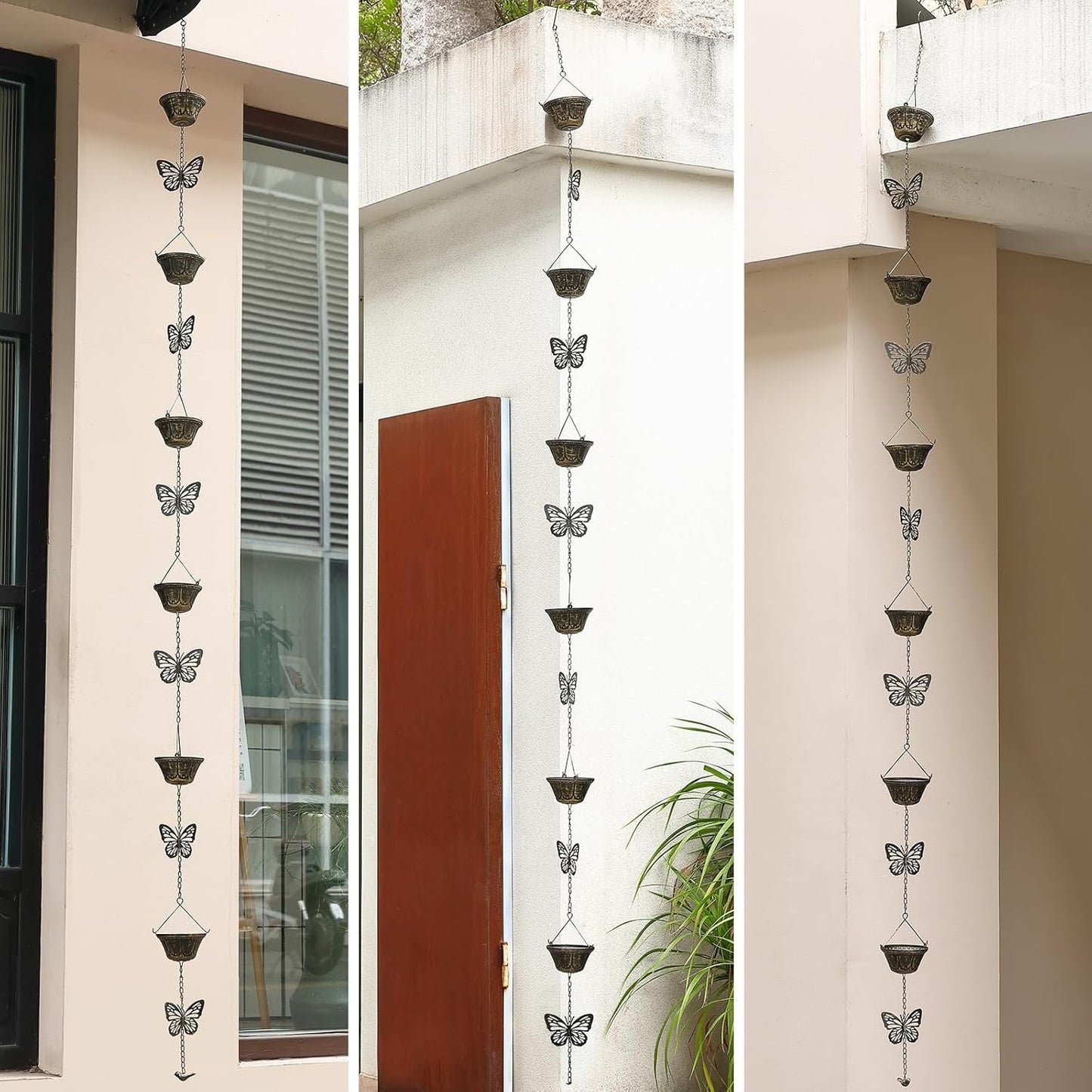 8.5FT Rain Chains for Gutters Downspouts, Butterfly and Cup Rain Gutter Chain, Functional and Decorative Replacement Rainchains for Downspout, Metal Rain Catcher Chimes for Outside, Vintage Copper