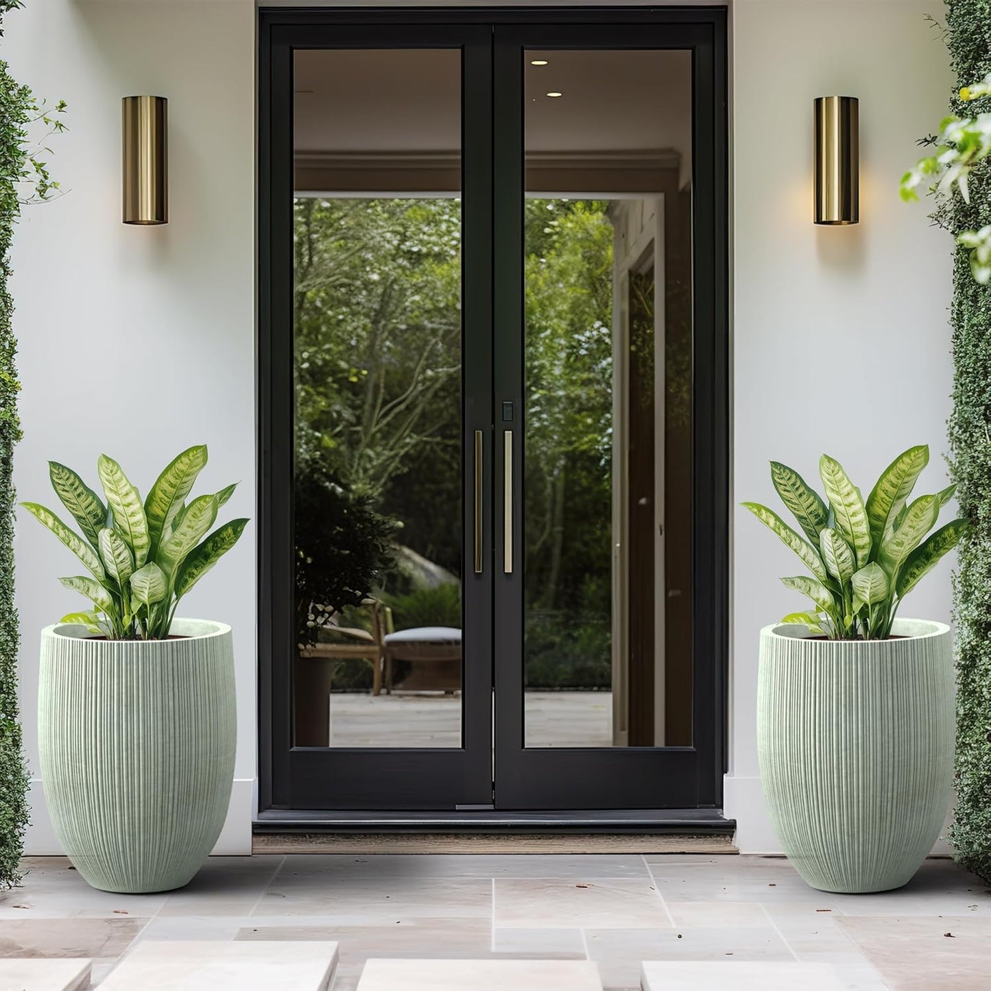 Kante Round Fluted Concrete Planter, 16.9-Inch Dia Barrel-Style Pot with Drainage Hole, Mint Green Finish with Warm Brown Interior, 13.7" Opening, for Indoor and Outdoor Use