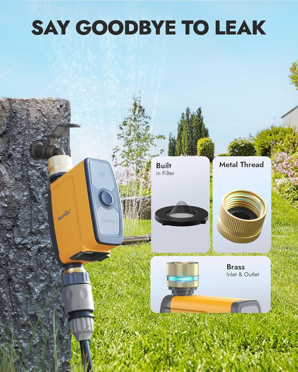 RAINPOINT WiFi Water Timer, Smart Hose Timer for Garden Hose, WiFi Irrigation Controller, Smart Sprinkler System Valve, APP & Voice Control, Weather-Based Automatic Rain Delay, Brass Inlet & Outlet