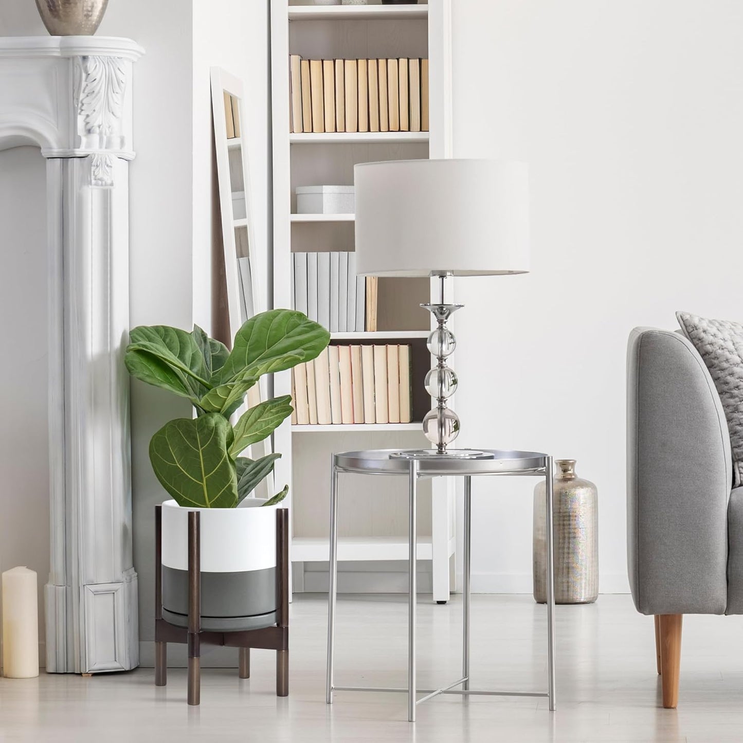 D'vine Dev Ceramic Planter with Walnut Color Stand - 10 Inch Modern Round Flower Pot with Wood Planter Holder, White/Grey, 55-B-X-6