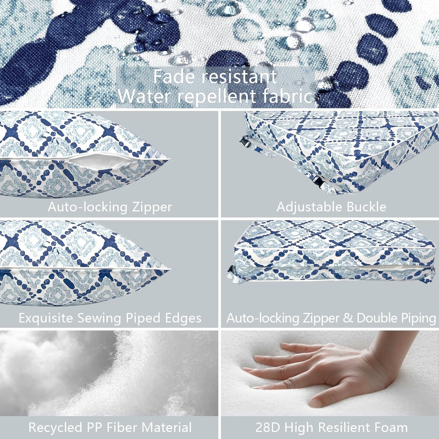 LVTXIII Outdoor Deep Seat Cushion Patio Seat and Back Cushion Set Seasonal Chair Cushion with Removable Cover and Adjustable Buckle for Home and Garden, 24"x24"x4", Boho Geometry Blue