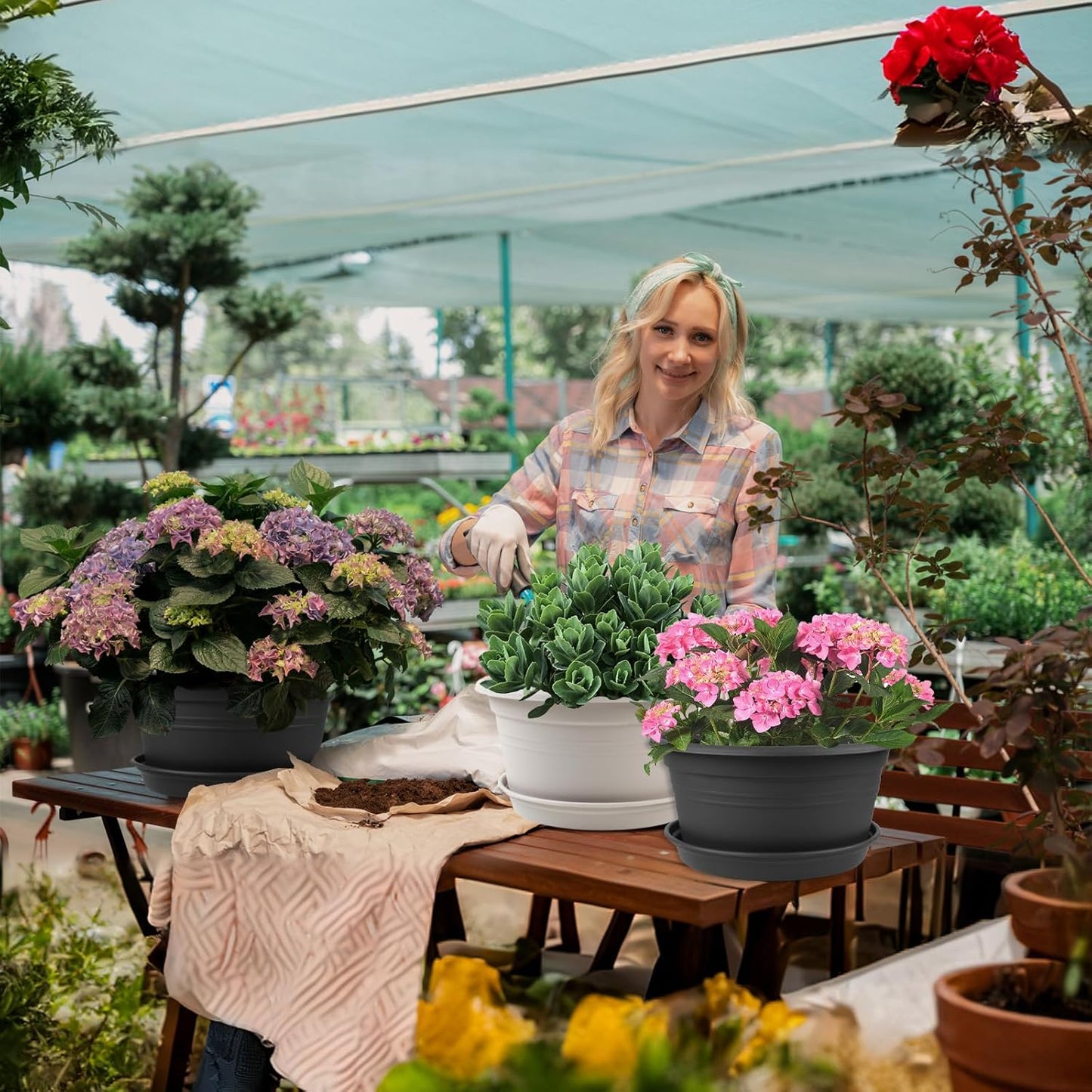 Large Flower Pots Set of 4 Pack 13 inch, Plant Pots Large Outdoor Planters with Drainage Hole & Tray Saucer, Decoration Plastic Pots for Plants for Indoor Outdoor Garden Home Plants Planter (Grey)