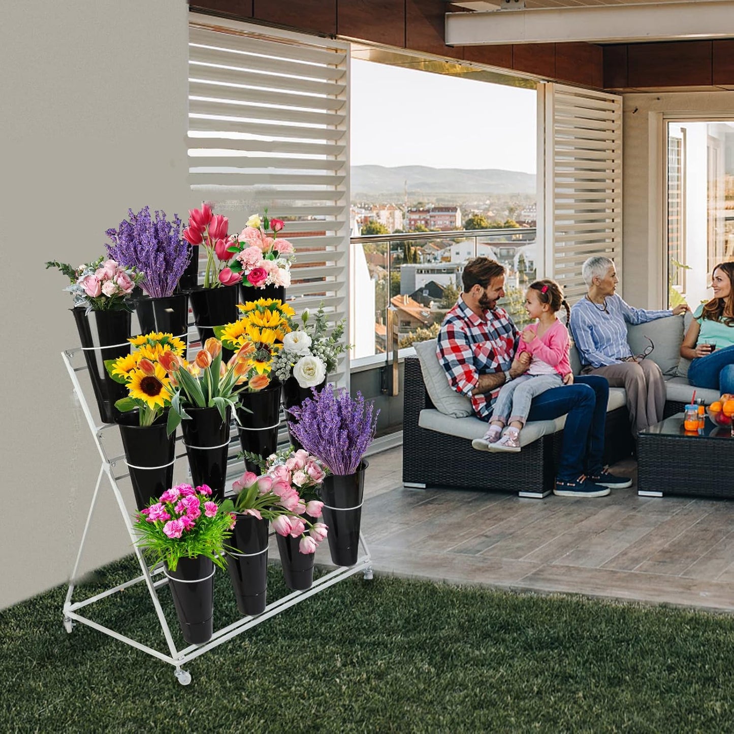 Flower Display Stand with Buckets, 3 layers Metal Plant Stand with Wheels, Moving Florist Bouquet Shelf for Fresh Flower Shop, for Patio Garden, Living Room, Outdoor Flower Pop-Up Events (Black Frame - Black Bucket)