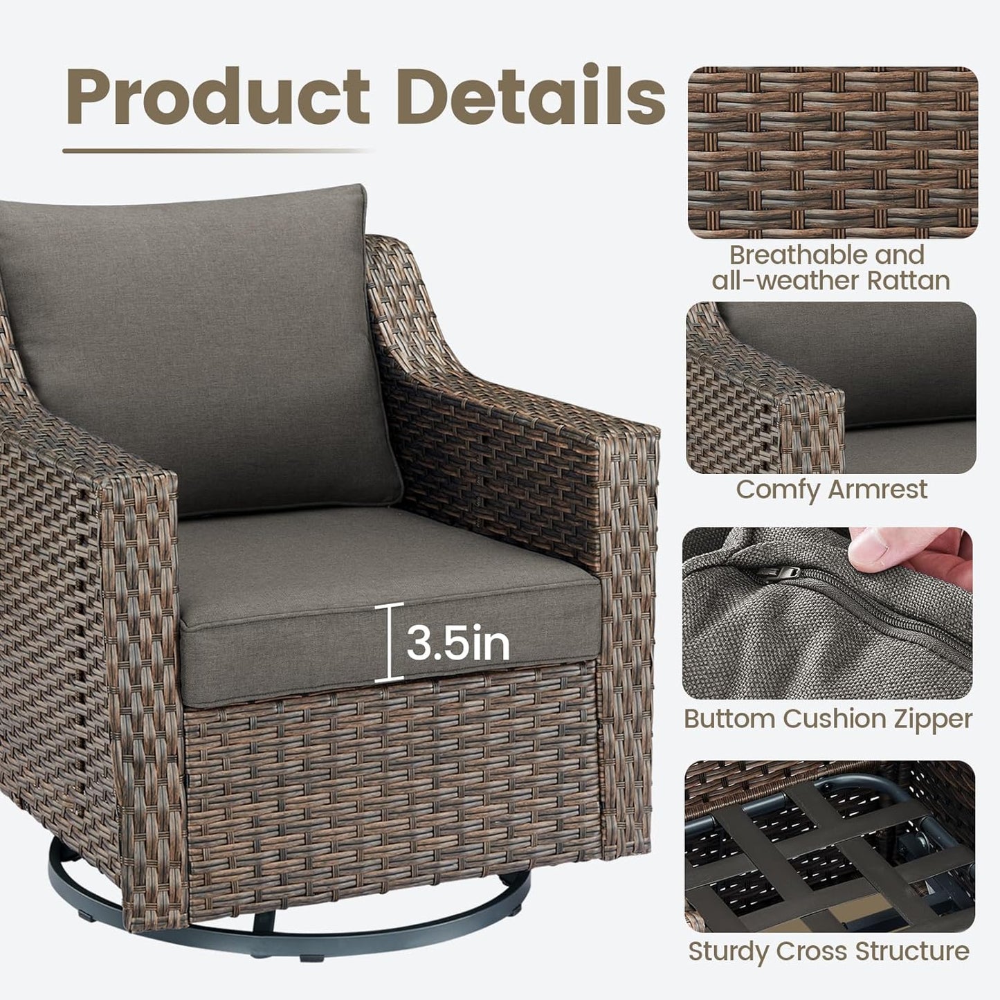 Outdoor Patio Wicker Swivel Chairs - Set of 2 Outside Resin Rattan Rocker Glider Gliding Chair Rocking Armchairs for Front Porch Balcony Backyard Yard Deck Poolside Apartment – Brown/Grey