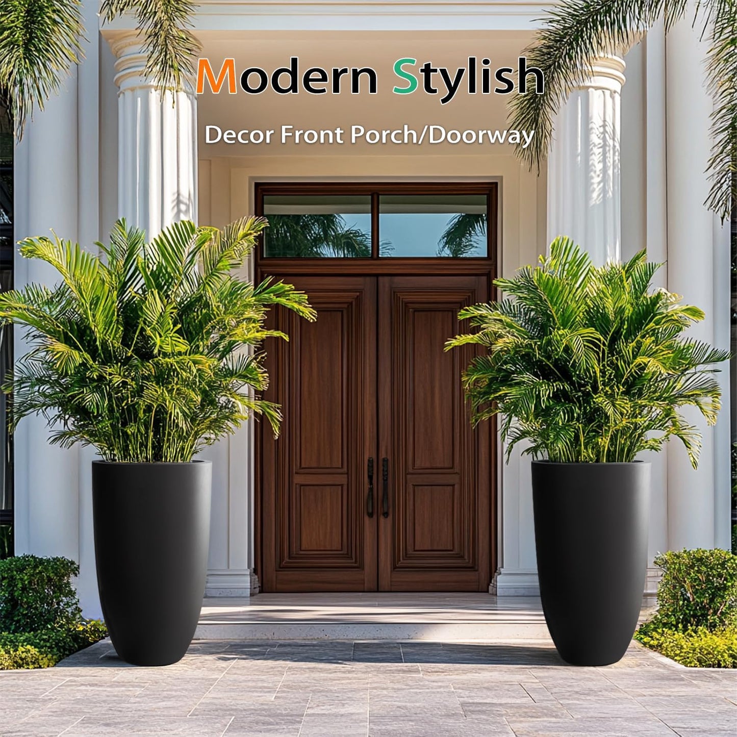 Tall Planters for Outdoor Plants, Large Concrete Flower Pots for Garden Front Porch, Patio, Indoor (Black, 24 inch)