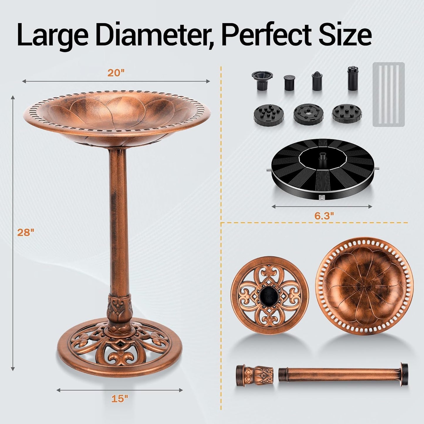 Bird Bath 28 Inch Height with Solar Powered Fountain, Polyresin Standing Antique Birdbath for Outdoor Garden Decor, Copper