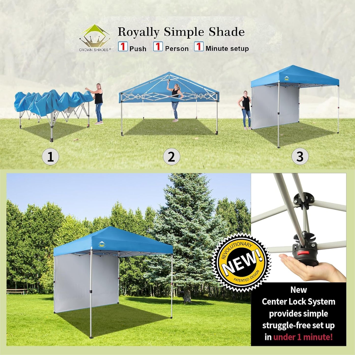 CROWN SHADES 8x8 Pop Up Canopy with 1 Side Wall - Beach Tent with One Push Setup - Outdoor Sun Shade for Events, Parties, Camping - Gazebo with STO-N-Go Cover Bag (Sky Blue)