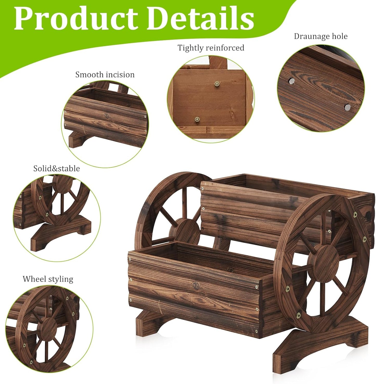 Wooden Flower Cart with Wheels Wooden Wagon Planter Outdoor Garden Planter, Decor Planter for Patio Balcony Decoration Succulent Flower Pot Flower Cart for Indoor Backyard Balcon Décor