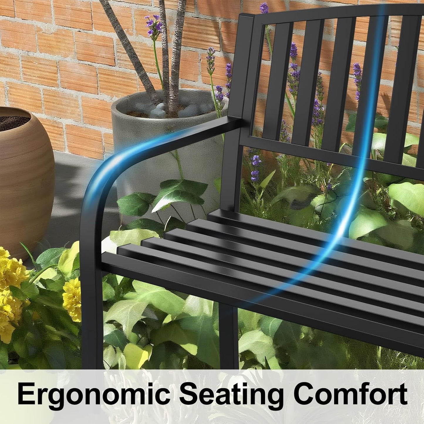 50" Heavy Duty Outdoor Bench, Wrought Iron Weatherproof Garden Bench Black Metal Patio Bench for Park Proch Yard 880lbs