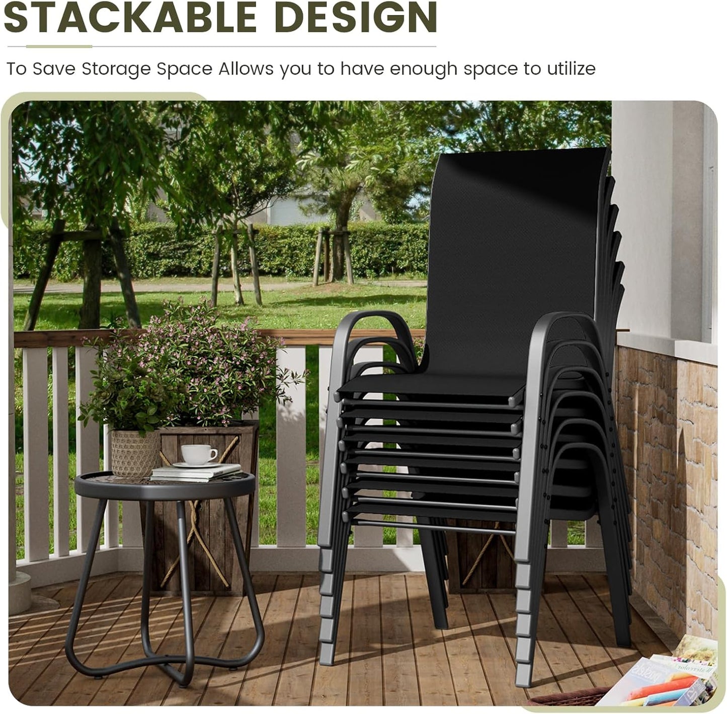 UDPATIO Patio Chairs Set of 6, Stackable Outdoor Dining Chairs with High Back, Breathable Textilene Fabric Outdoor Chair All Weather, 350LBS Capacity for Garden, Backyard (Black)