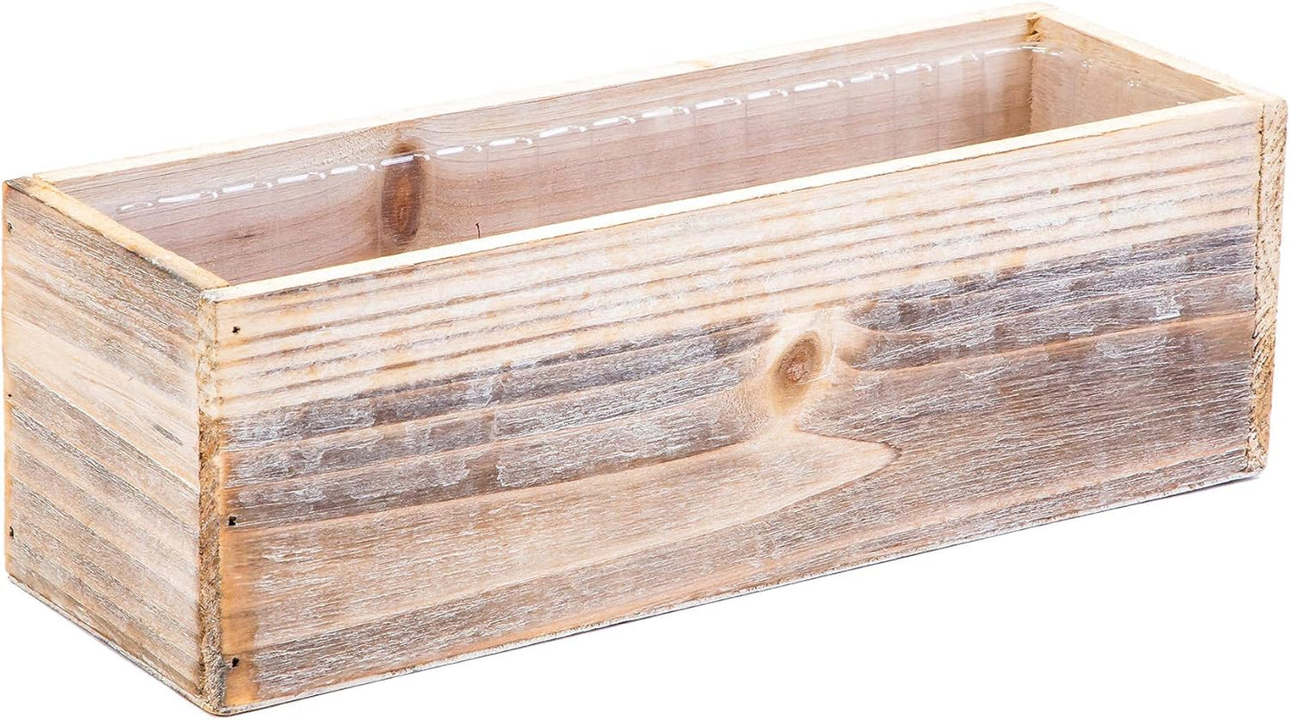 Wood Planter Box Set, Rustic Whitewash, Plastic Liner, 12x4 Inch Rectangular Flower Holder, Natural Wood Decor, Country Style, Home and Wedding Decorations, Garden Ornaments (Set of 4)