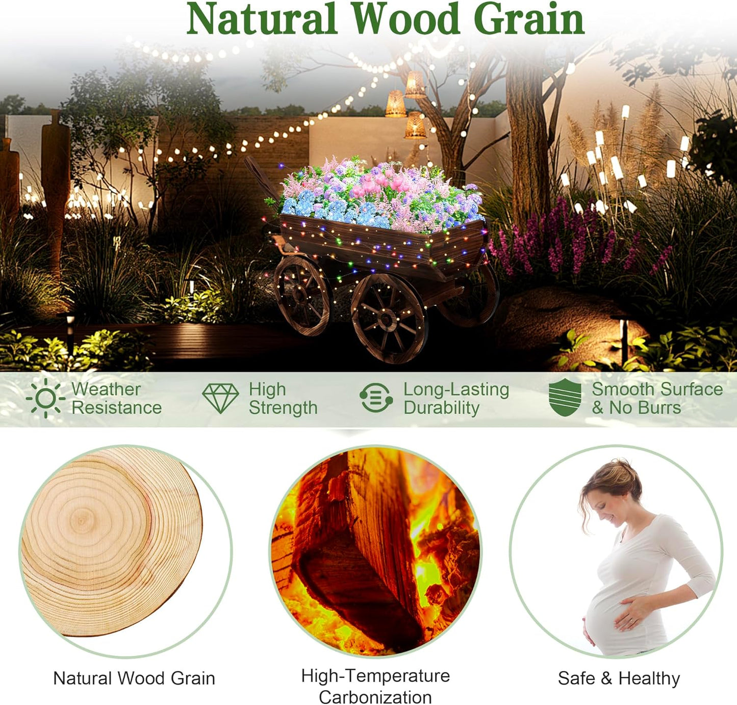 Wood Wagon Planter with Light for Outdoor Balcony Decor - Garden Rustic Wooden Flower Cart with Wheels for Outside Garden Decor Wheelbarrow Planter for Patio Christmas Decoration Gift Car