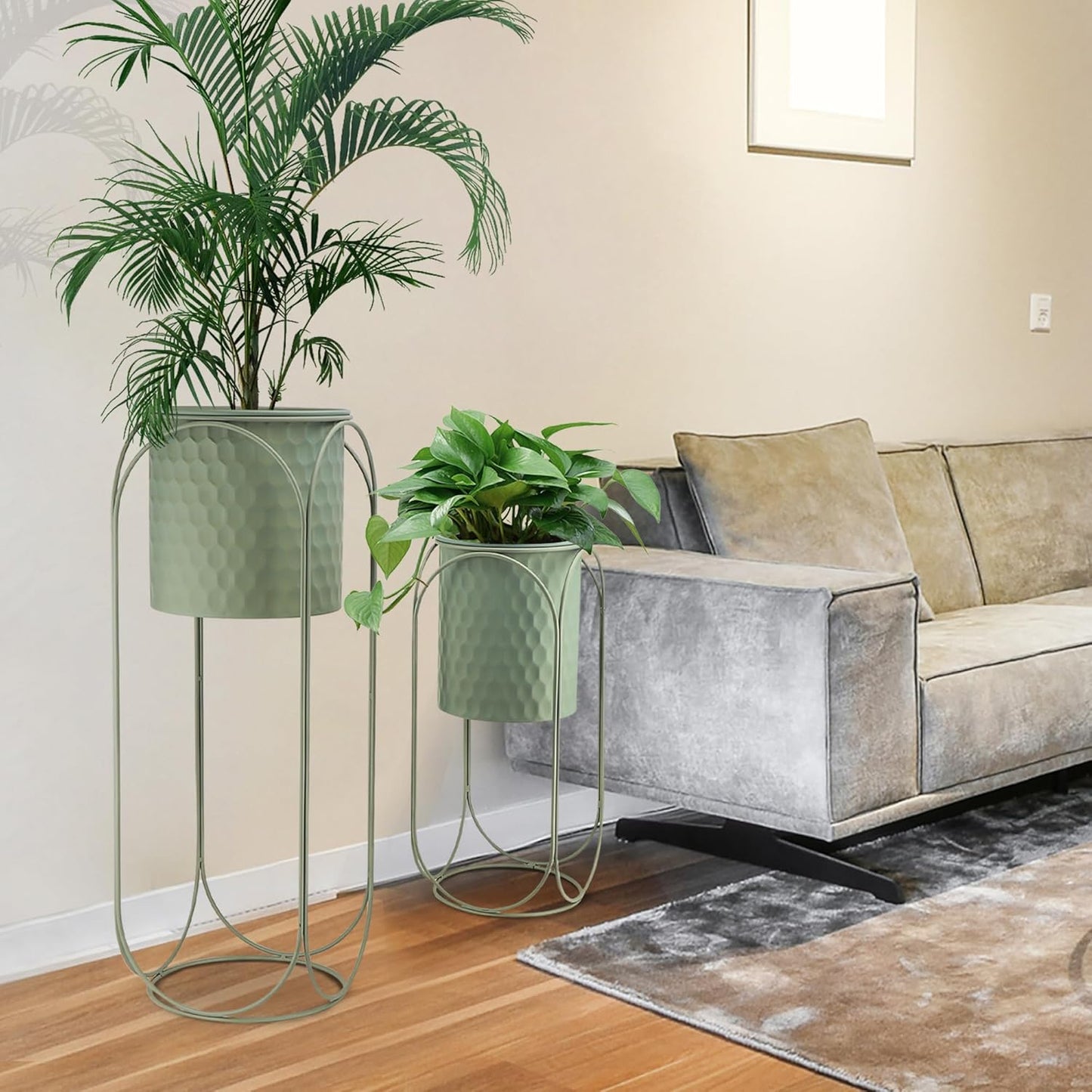 TRIROCKS Set of 2 Planters with Stand Indoor Otdoor Planters for Indoor Plants 26 &18" H Large Plant Pots for Living Room Corner Kitchen Office Garden Balcony Patio Decor(Green)