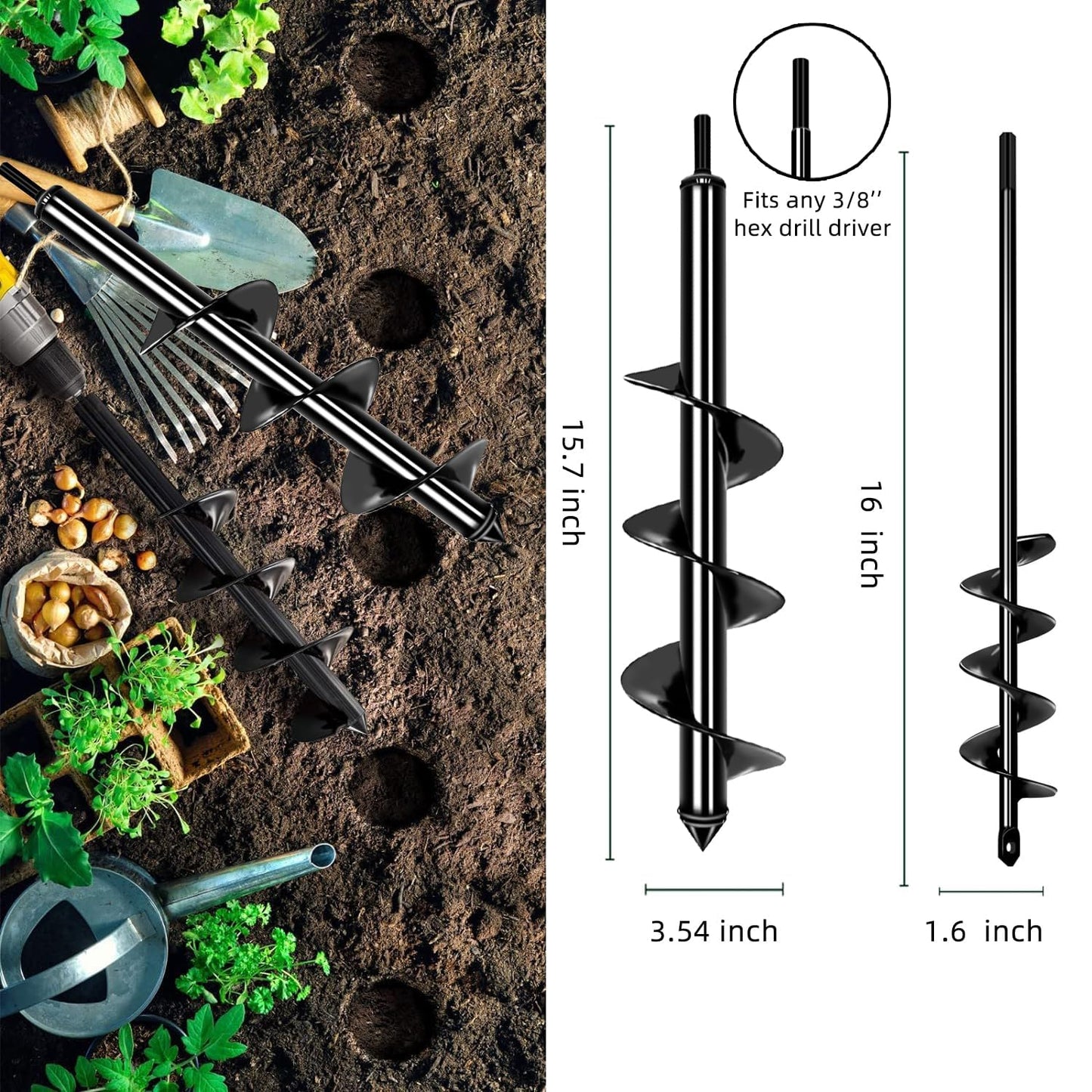 Garden Auger Drill Bit for Planting Set-1.6x16‘’ & 3.54x15.7'',Ground Earth Spiral Drill Bit for 3/8" Hex Drive Drill, Yard Auger Drill for Bulbs Planting, Hole Digger Flowers,Umbrella Holes