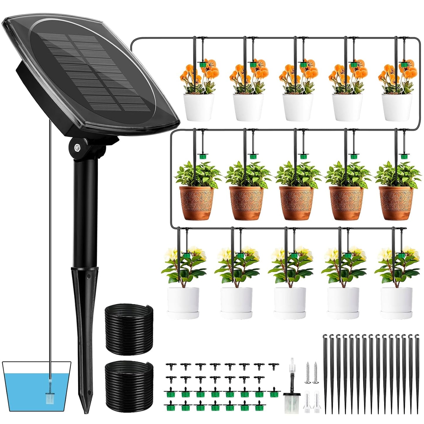Solar Drip Irrigation System for Garden, Automatic Drip Irrigation Kits,Plants Self Watering Devices for Vacation,Solar Powered Water Pump for Potted Plants,Raised Beds,Greenhouse (15 Pots)