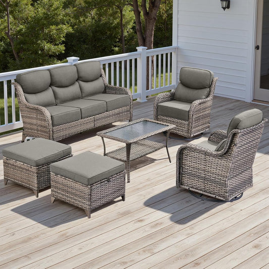 Wicker Outdoor Patio Furniture Set - 6 Piece Patio Conversation Sets with Swivel Rocker Chairs, Ottomans, Sofa and Table, 6 inch Cushions, Deep Seating, for Porch Deck Mixed Grey/Grey
