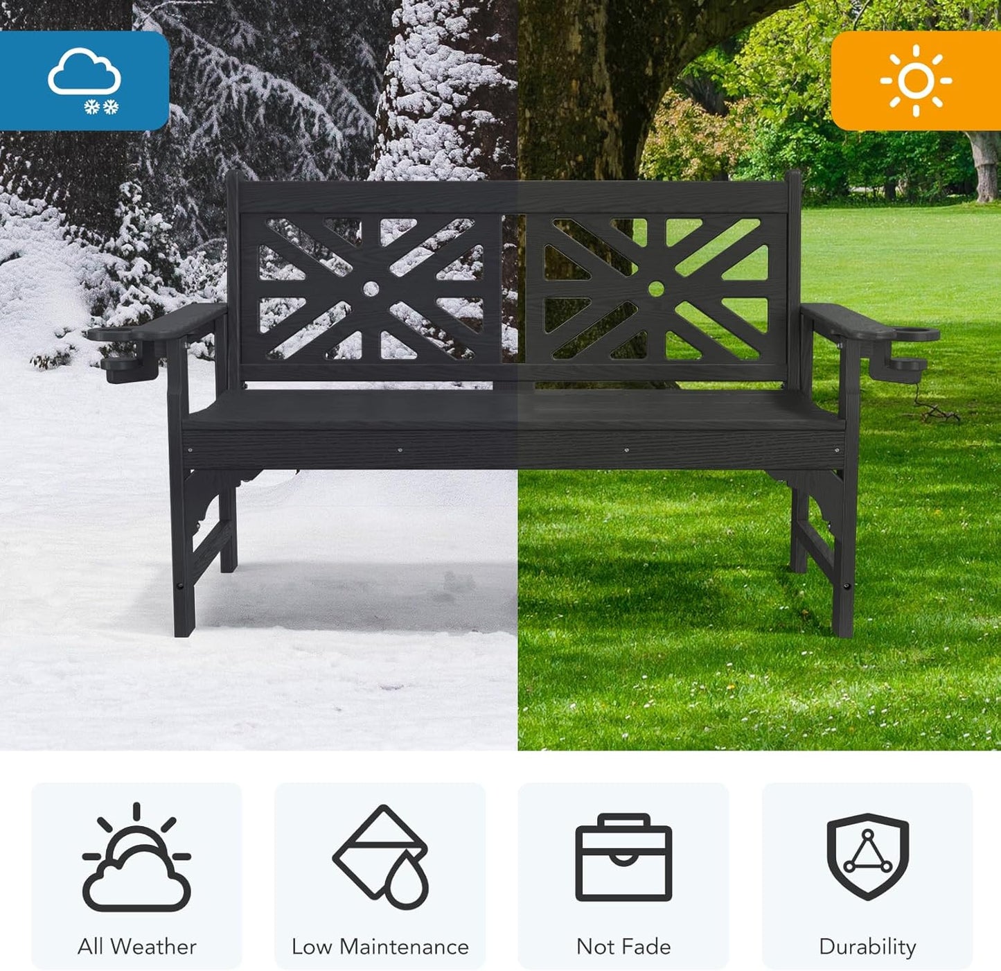 Oversized Outdoor Bench with Cup Holders, 51.5” HDPE Aesthetic Garden Bench for 2 Person, Memorial Benches - Easy Assembly & All Weather, for Porch & Patio, 800lbs Load Capacity (Black, 1pc)