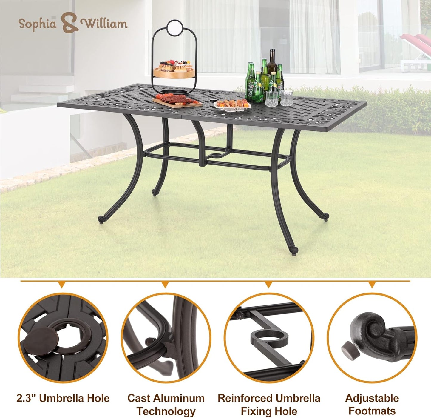 Sophia & William 6-Person Rectangular Cast Aluminium Outdoor Dining Table, Patio Bistro Table with 2.3" Umbrella Hole for Porch Backyard, Bronze