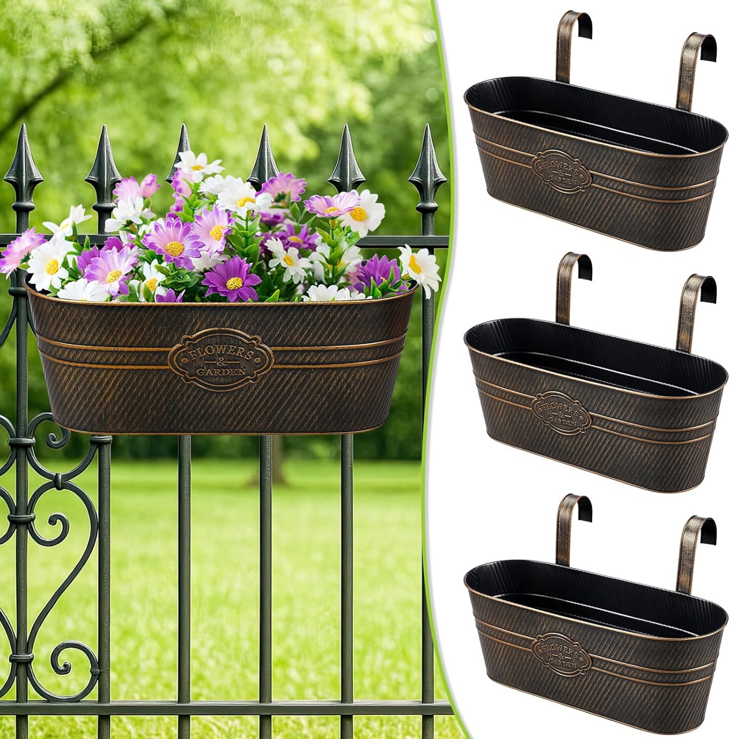 3 Pcs Large Balcony Planters Railing Hanging Flower Pots- 16.2 Inch Metal Railing Planter Box Fence Planters for Outdoor Plants with Detachable Hooks and Drain Holes for Garden Decor (Retro-3pcs)